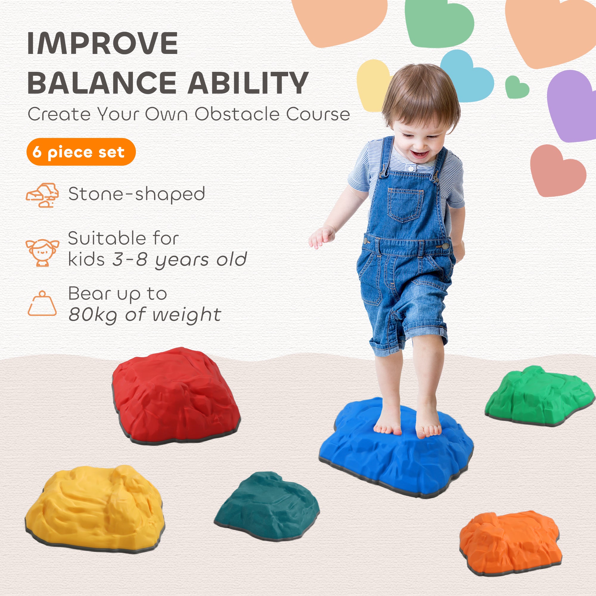 AIYAPLAY Balance Stepping Stones for Kids with Non-slip Bottom, Indoor Outdoor Obstacle Course for Ages 3-8 Years, Multicoloured - North Peak Garden Furniture