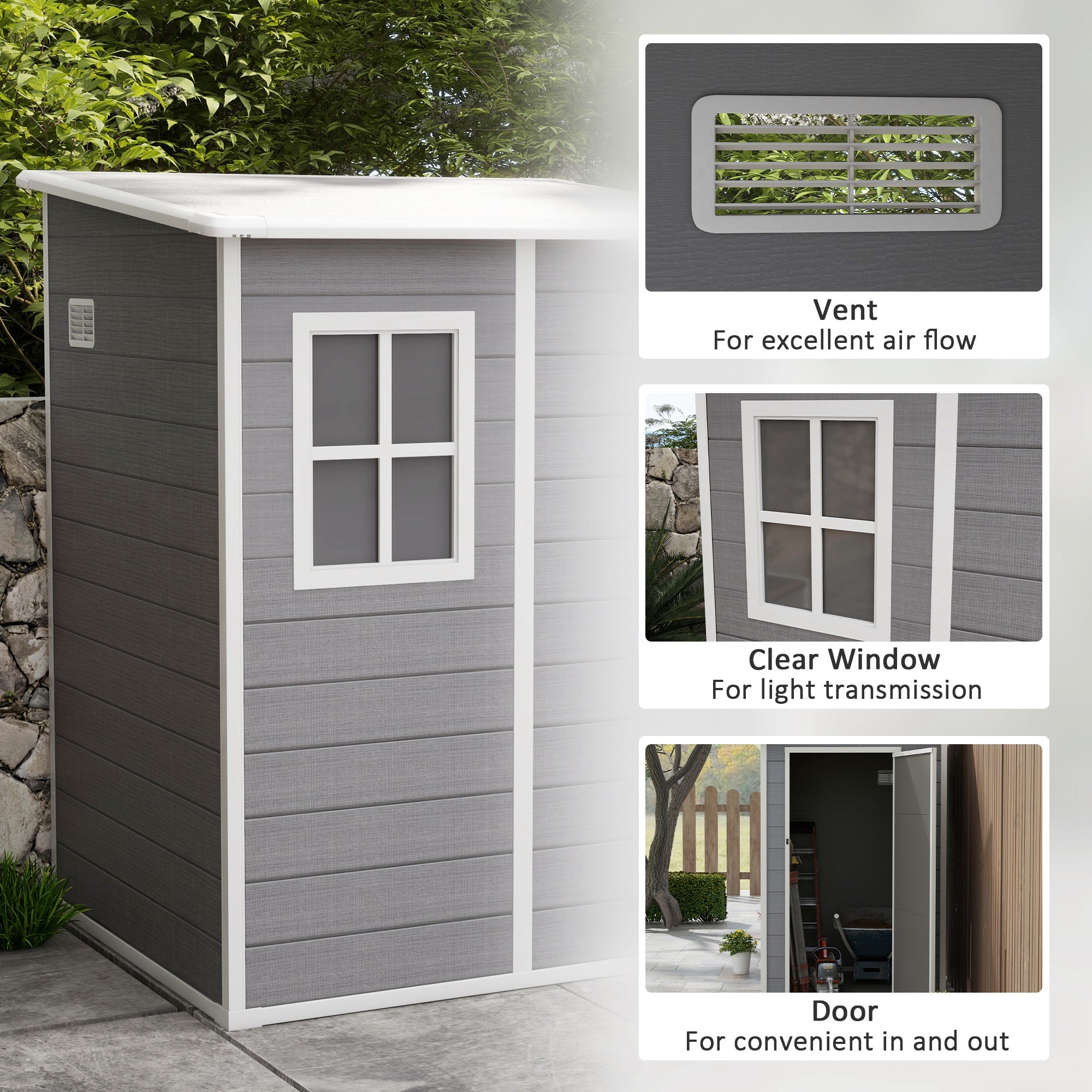 Outsunny 4'x5' Garden Storage Shed, Lean to Shed, Lockable Garden Shed with Window, Vent and Plastic Roof, Grey - North Peak Garden Furniture