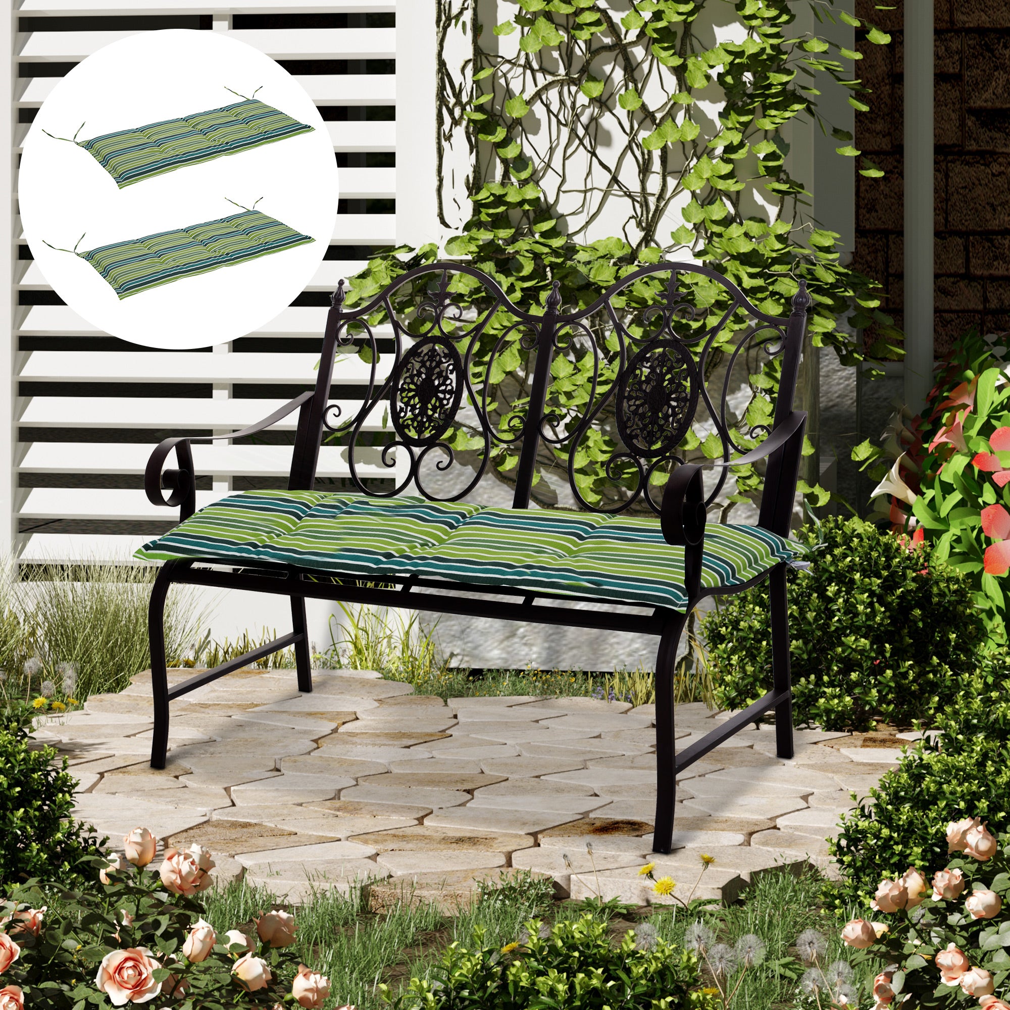 Outsunny Polyester Set Of 2 Swing Chair Cushion Green Stripes - North Peak Garden Furniture