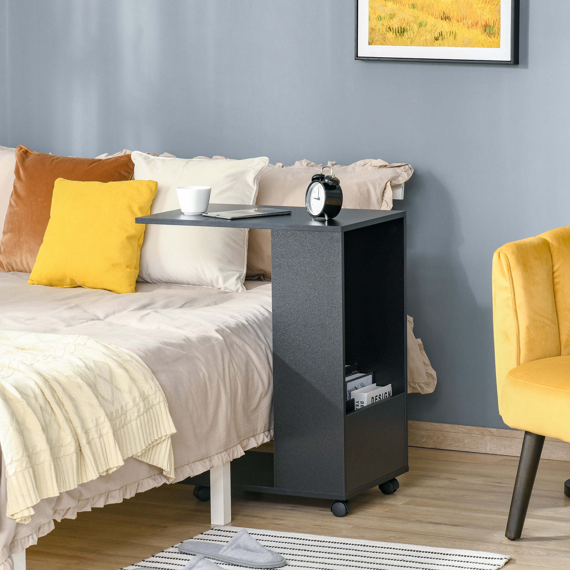 HOMCOM Mobile Sofa Side Table C-Shape End Table with Storage and Casters for Laptop Coffee Snack, Black - North Peak Garden Furniture