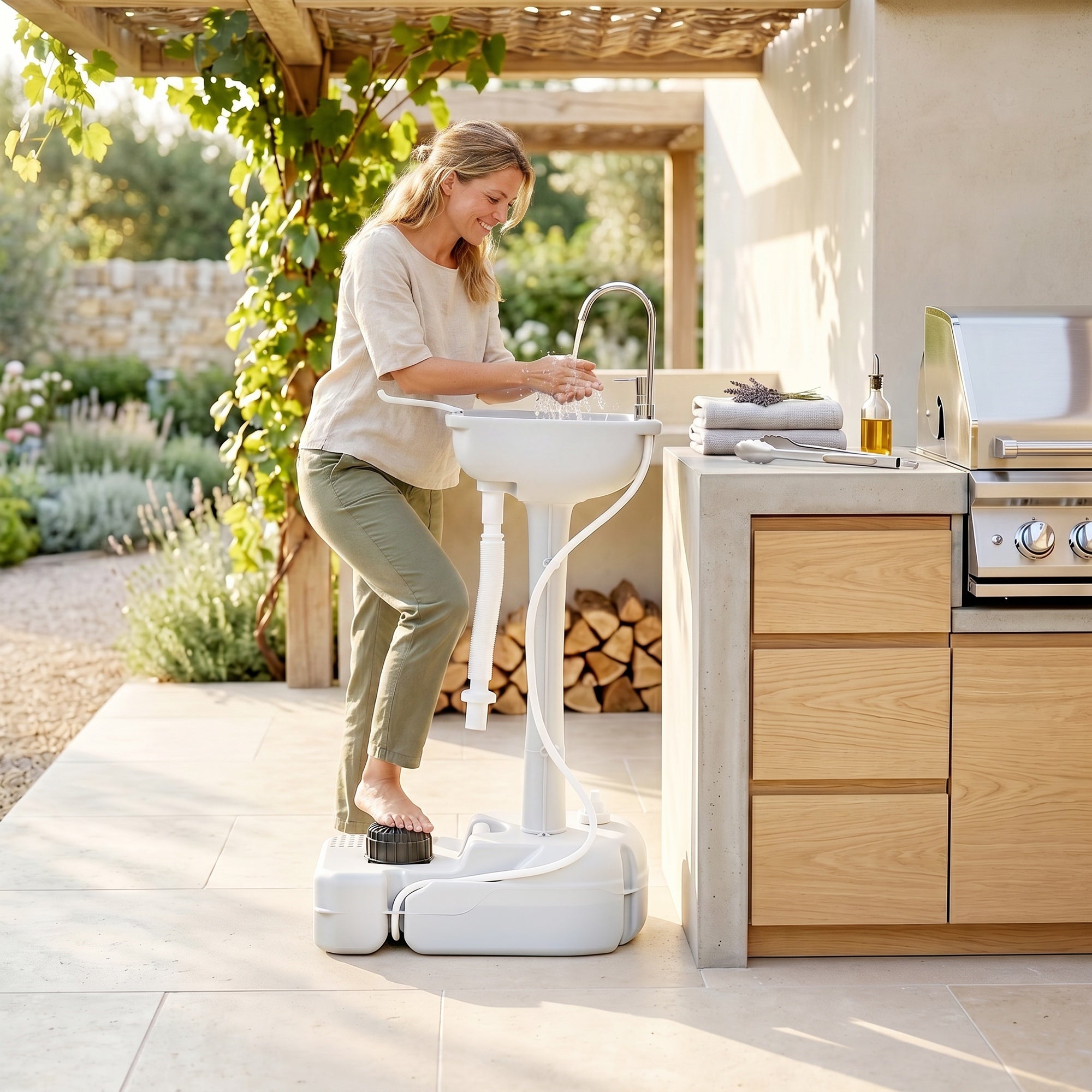 Outsunny Camping Portable Handwash Sink w/ Towel Holder & Soap Dispenser Rolling Wheels Outdoor Drainage Equipment