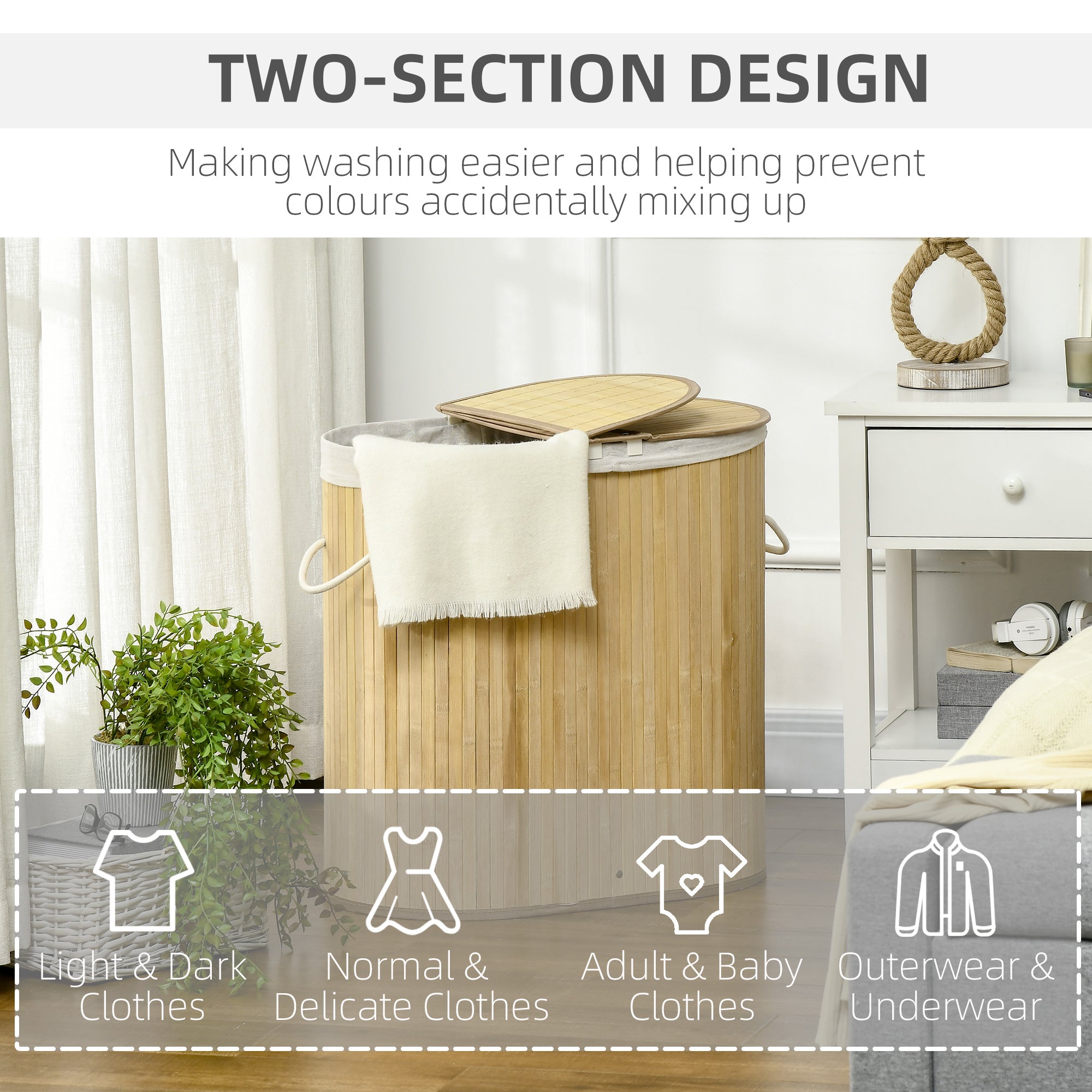 HOMCOM Bamboo Laundry Basket with Lid, 100 Litres Laundry Hamper with 2 Sections, Removable Washable Lining, Washing Baskets, 62.5 x 37 x 60.5cm, Natural - North Peak Garden Furniture