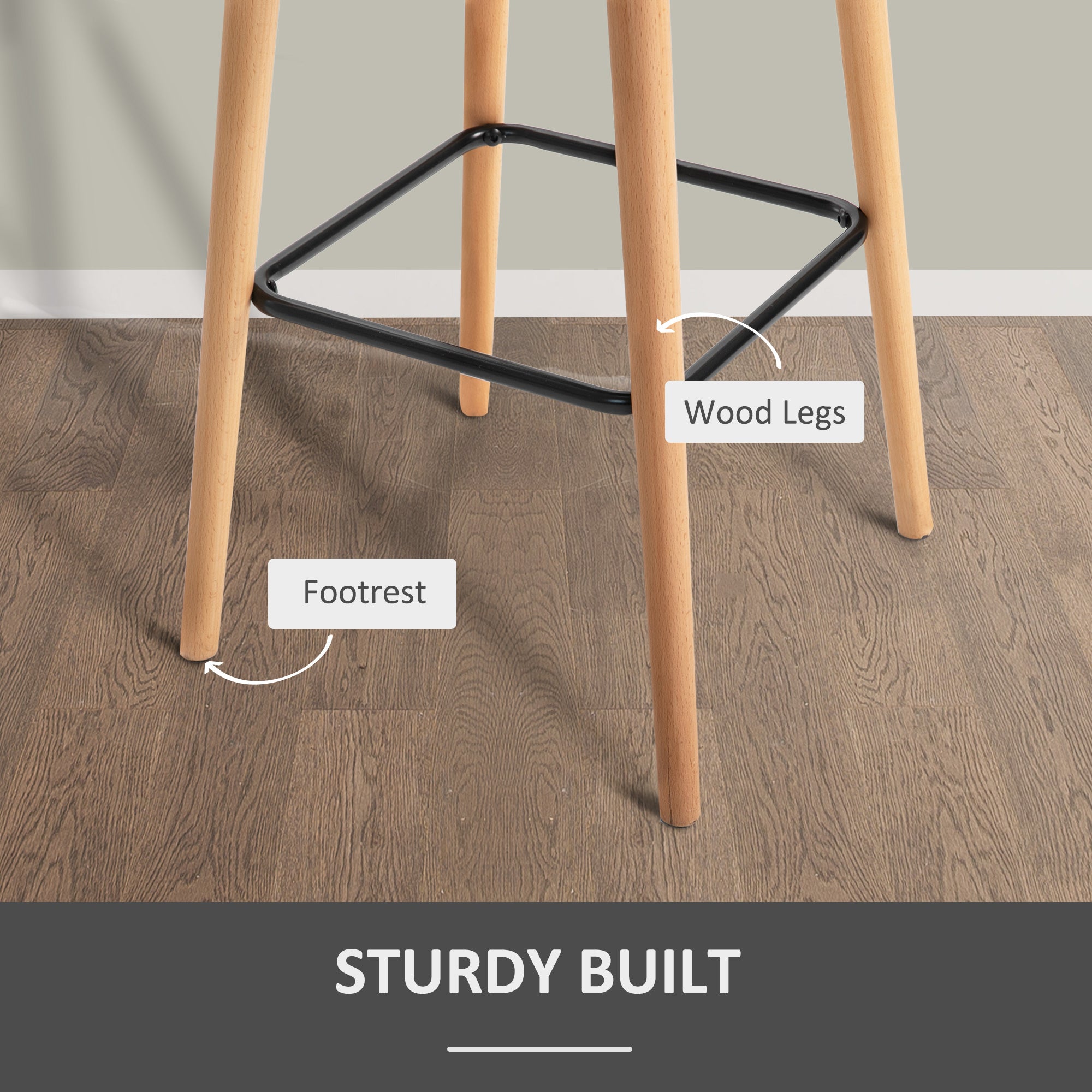 HOMCOM Set of 2 Bar Stools Modern Upholstered Seat Bar Chairs w/ Metal Frame, Solid Wood Legs Living Room Dining Room Fabric Furniture - Beige - North Peak Garden Furniture