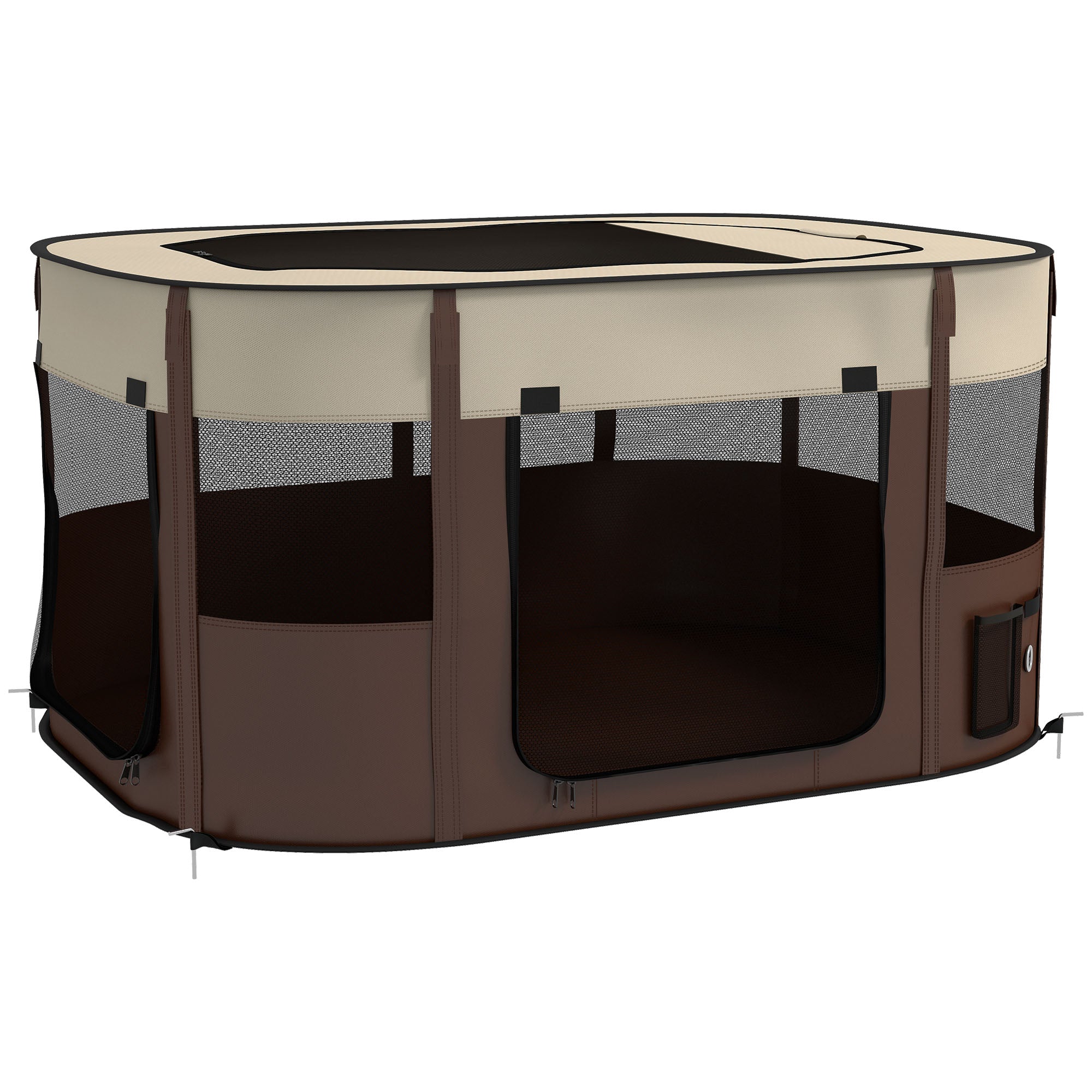 PawHut Foldable Dog Pen with Storage Bag for Indoor/Outdoor Use, Portable Pet playpen, with Ground Stakes - Brown - North Peak Garden Furniture