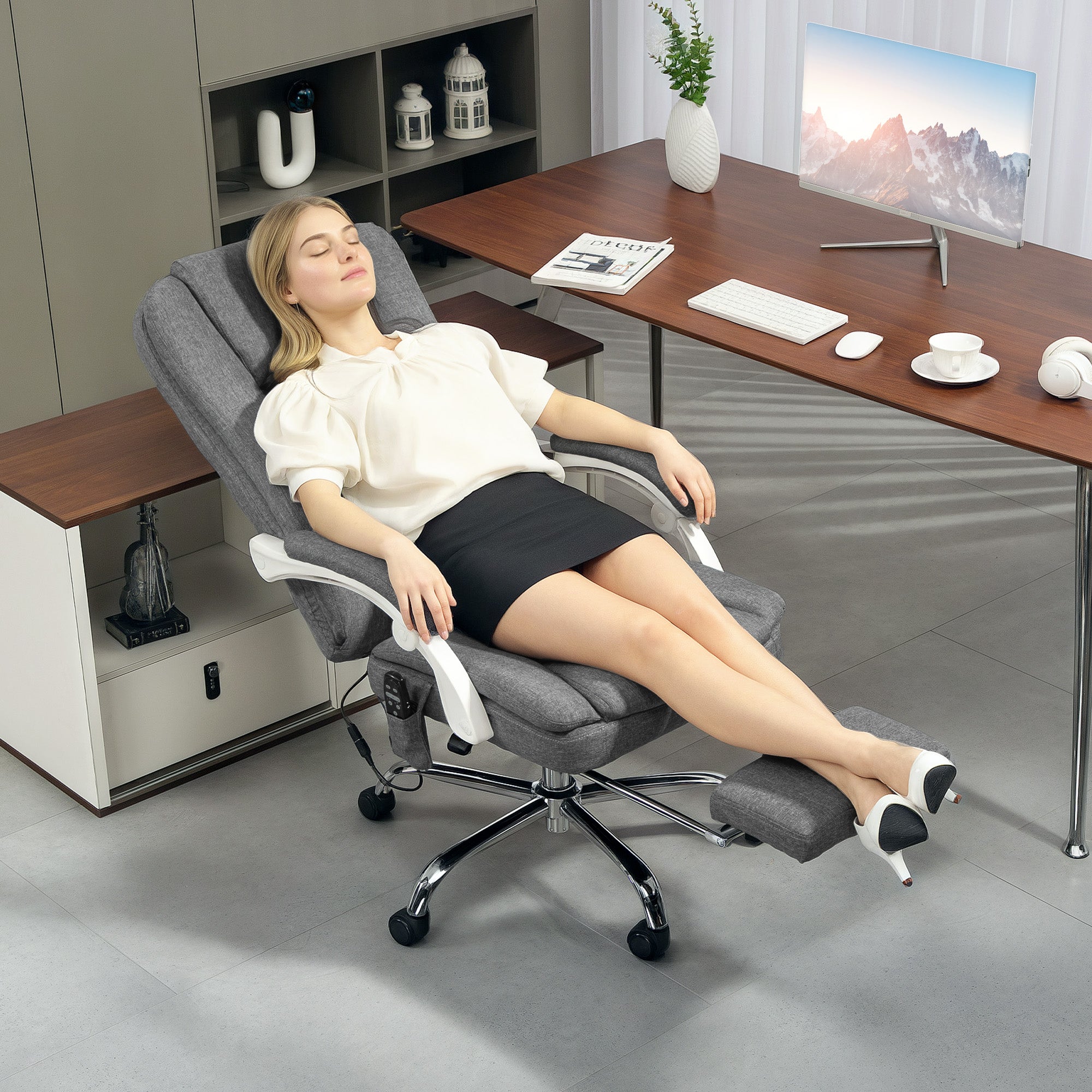 HOMCOM Executive Office Chair with 8-point Massage and Heat, Fabric Computer Desk Chair with Reclining Backrest, High Back, Height Adjustable, Swivel Wheels, Footrest, Remote, for Home, Grey - North Peak Garden Furniture