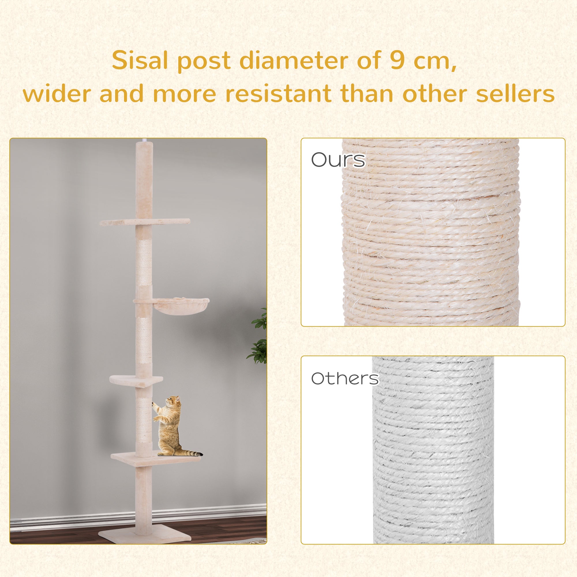 PawHut Floor to Ceiling Cat Tree for Indoor Cats 5-Tier Kitty Tower Climbing Activity Center Scratching Post Adjustable Height 230-260 cm Beige