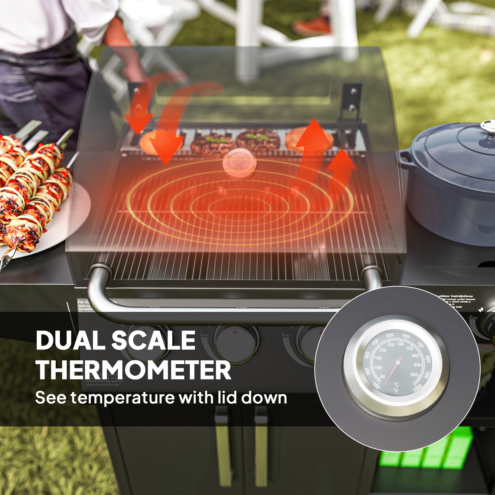 Outsunny 3+1 Burner Gas BBQ Grill with Storage Cabinet and Shelves, 9.5 kW Gas Barbecue Trolley with 6 Castor Wheels, Warming Rack, Thermometer for Outdoor Cooking Garden Party, Black - North Peak Garden Furniture