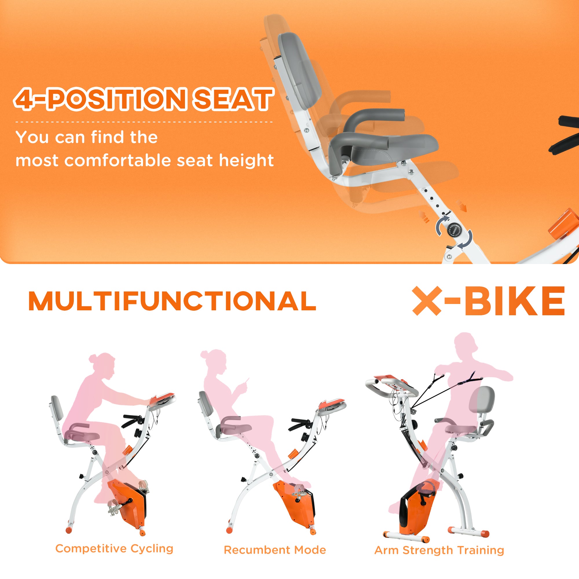 HOMCOM 2-in-1 Folding Exercise Bike with 8-Level Magnetic Resistance, Arm Resistance Band, Pulse Sensor, Orange - North Peak Garden Furniture