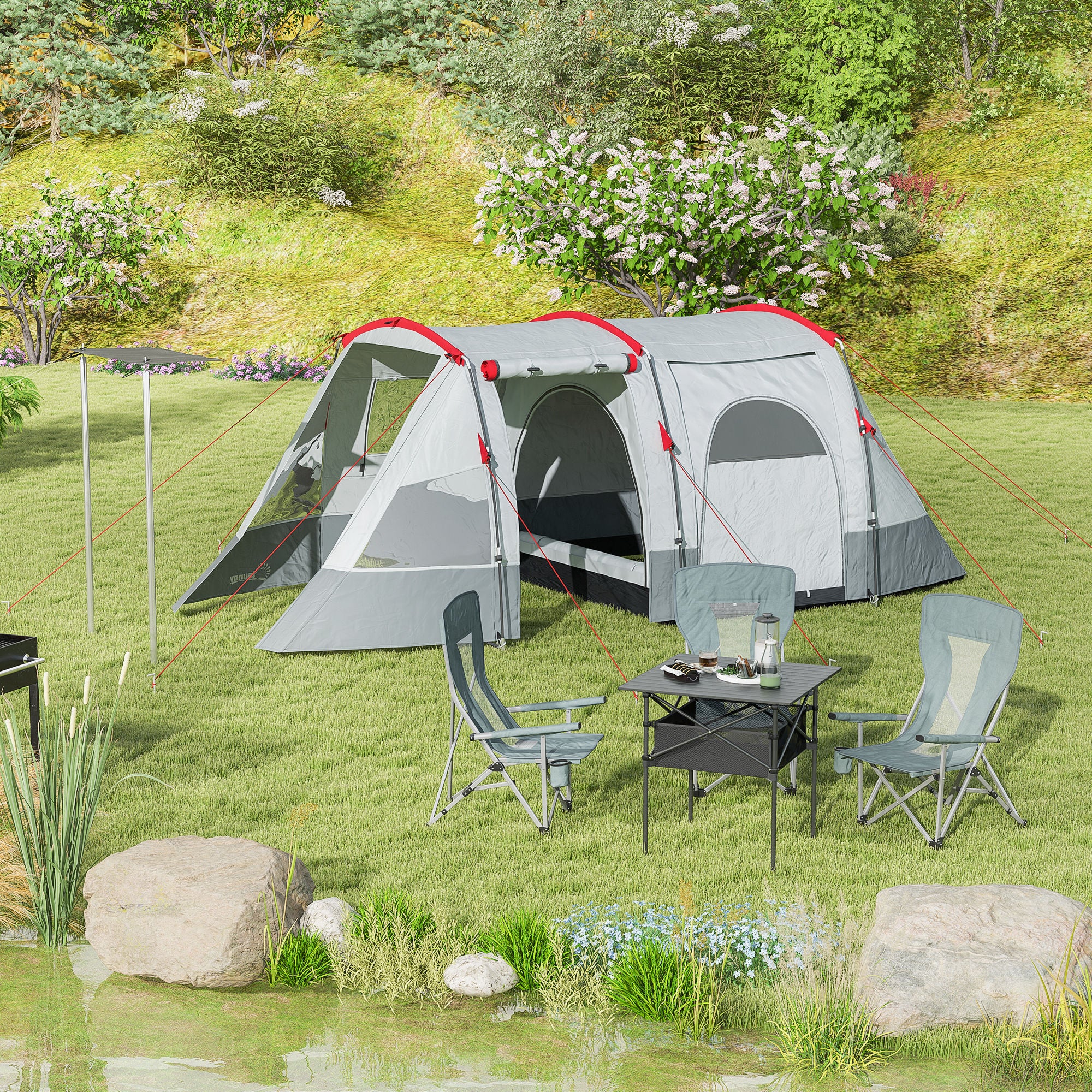 Outsunny 6-8 Person Tunnel Tent, Camping Tent with Bedroom, Living Room, Sewn-in Floor, 3 Doors and Carry Bag, 2000mm Water Column for Fishing, Hiking, Sports, and Traveling, Grey - North Peak Garden Furniture