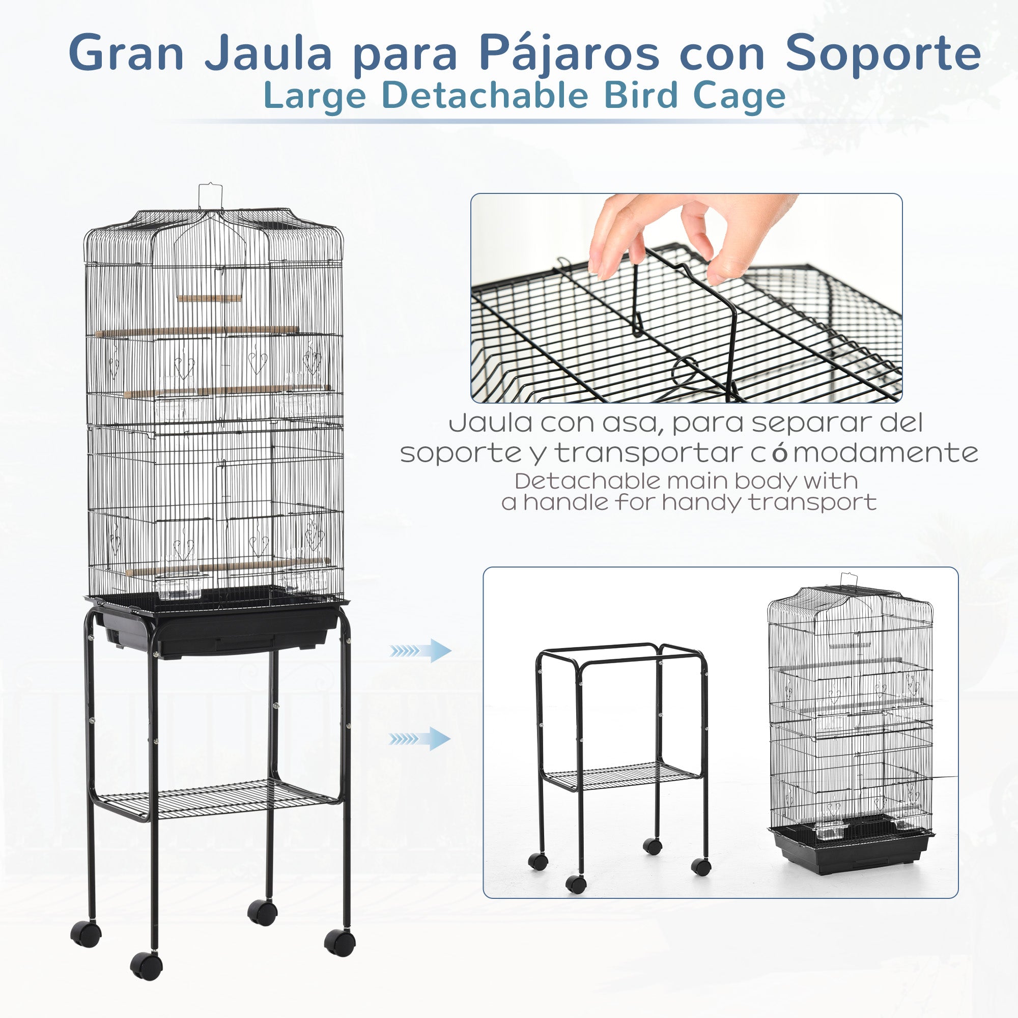 PawHut Bird Cage Budgie Cages for Finch Canary Parakeet with Stand Wheels Slide-out Tray Accessories Storage Shelf, Black 46.5 x 36 x 157 cm - North Peak Garden Furniture