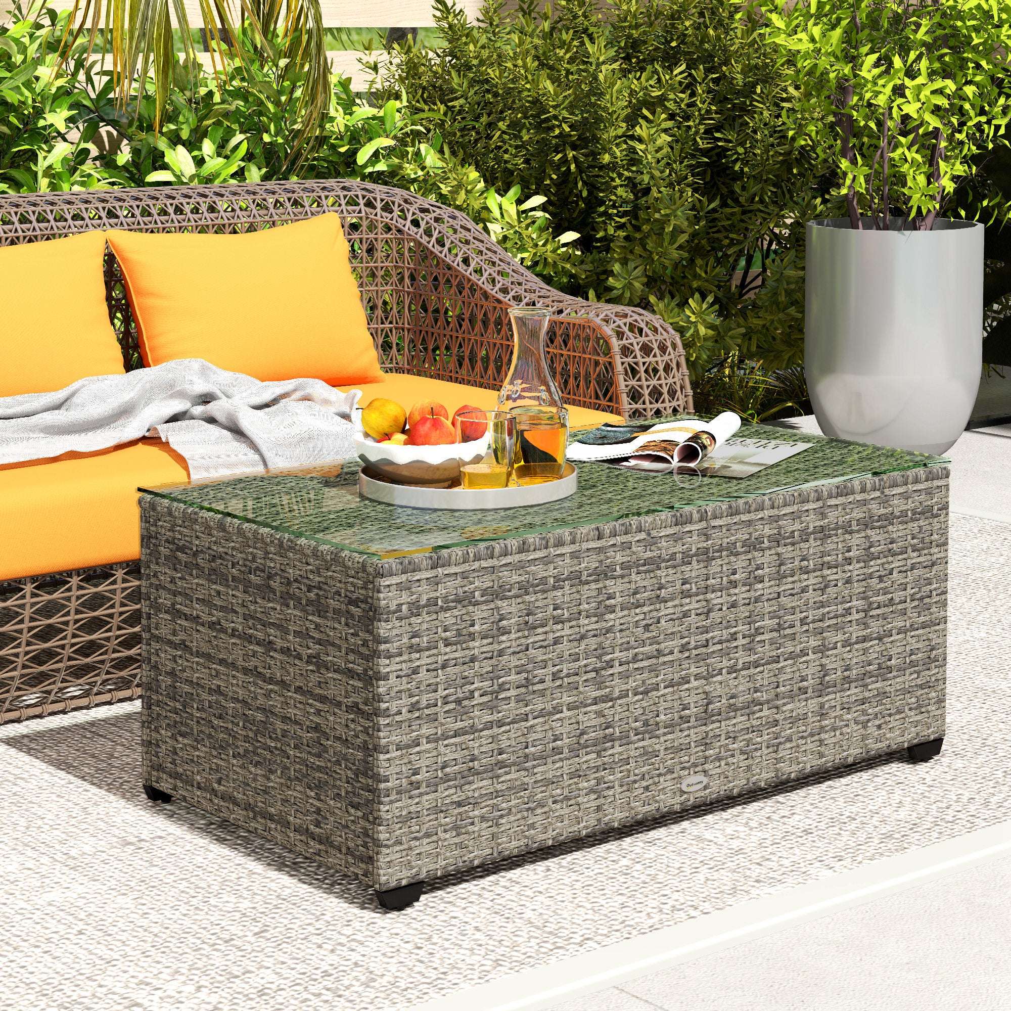 Outsunny 90 x 50cm Glass-Top Rattan Side Table - Dark Grey - North Peak Garden Furniture