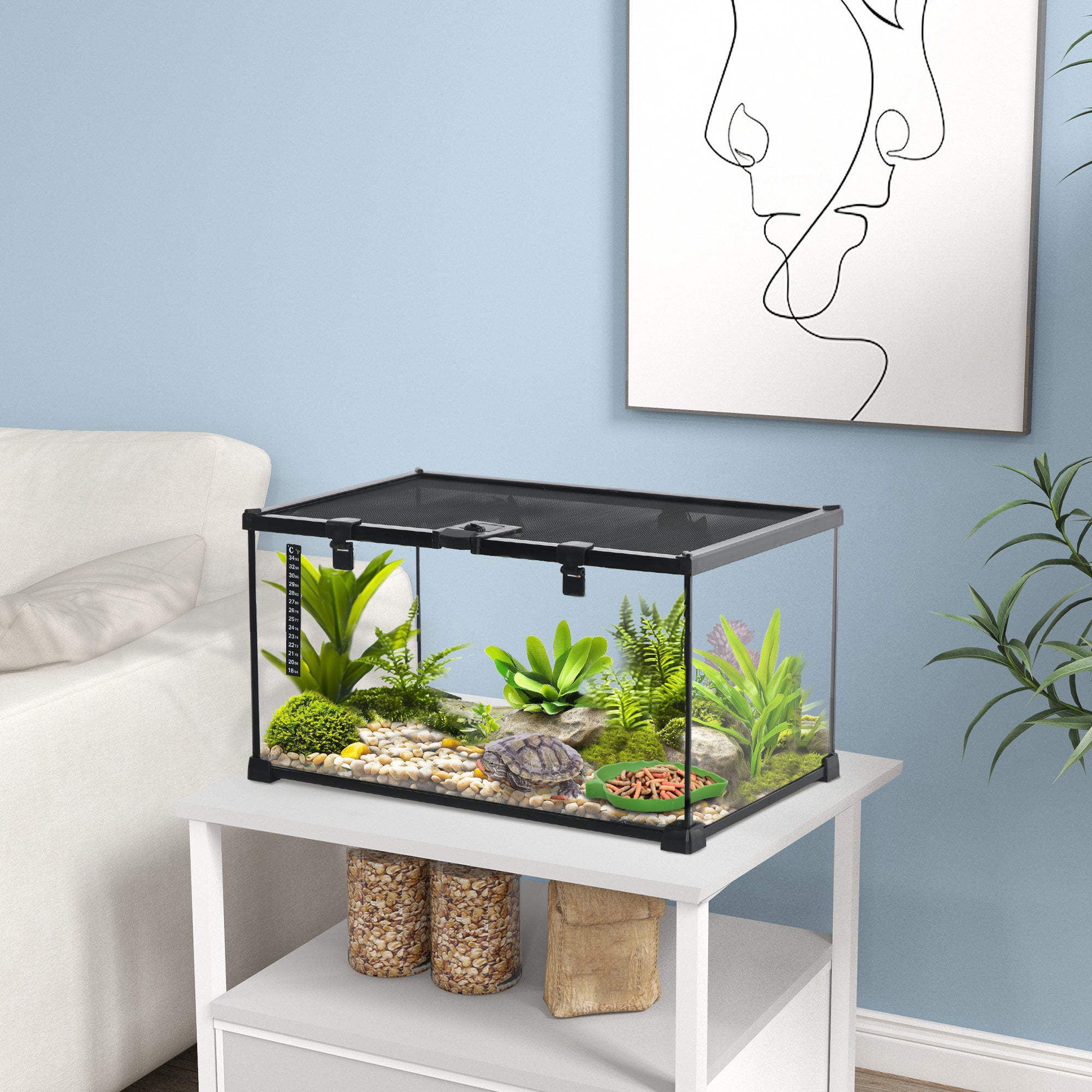 PawHut Glass Reptile Terrarium Insect Breeding Tank Vivarium Habitats with Thermometer for Lizards, Horned Frogs, Snakes, Spiders - Medium 50 x 30 x 25cm - North Peak Garden Furniture