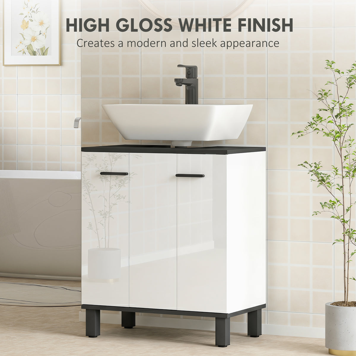 HOMCOM Modern Under-Sink Bathroom Cabinet - High Gloss White