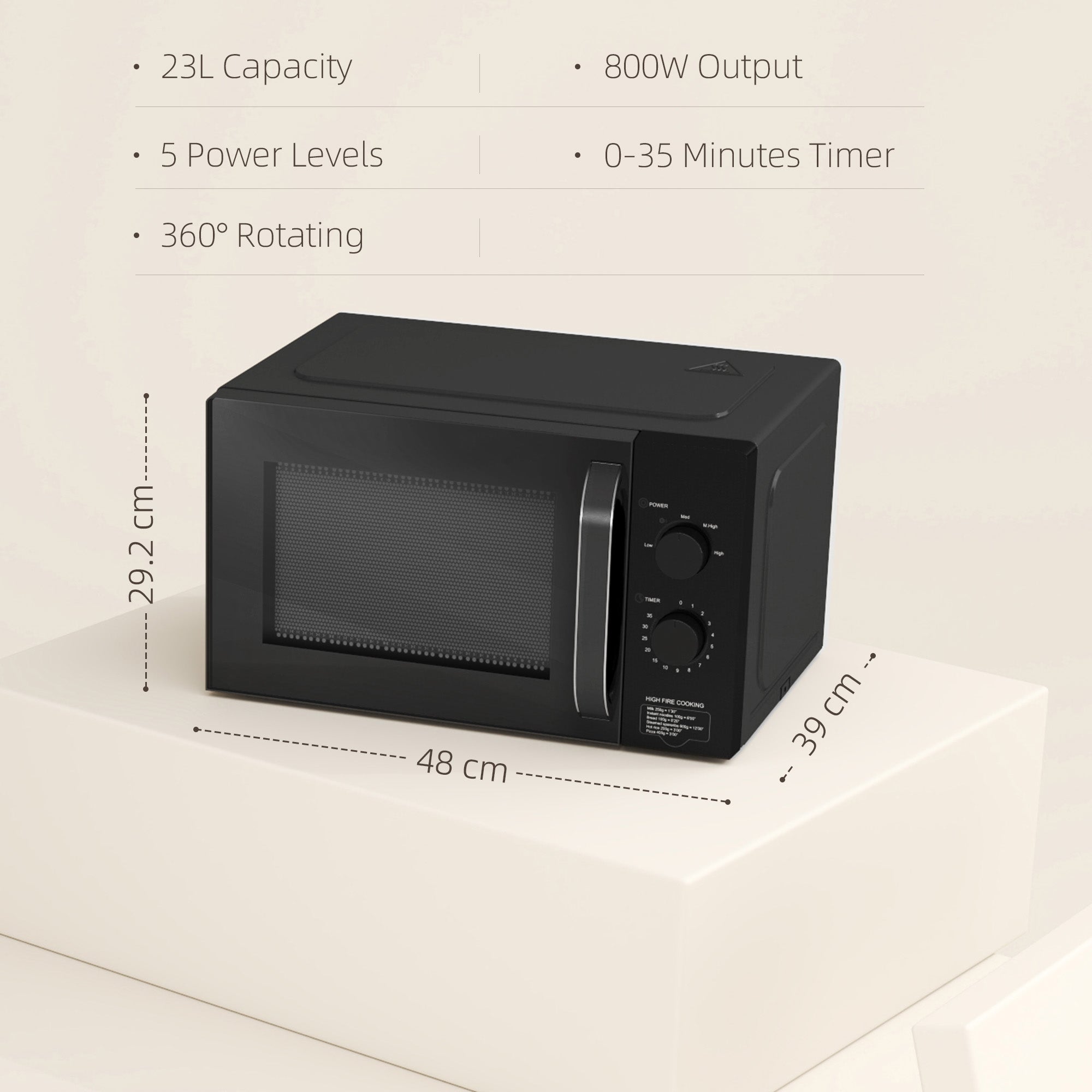 HOMCOM 23L 800W Microwave Oven, Solo Manual Microwave with 5 Power Levels, Defrost, 60 Minutes Timer, Clock, Easy Clean, Small Black Microwave - North Peak Garden Furniture
