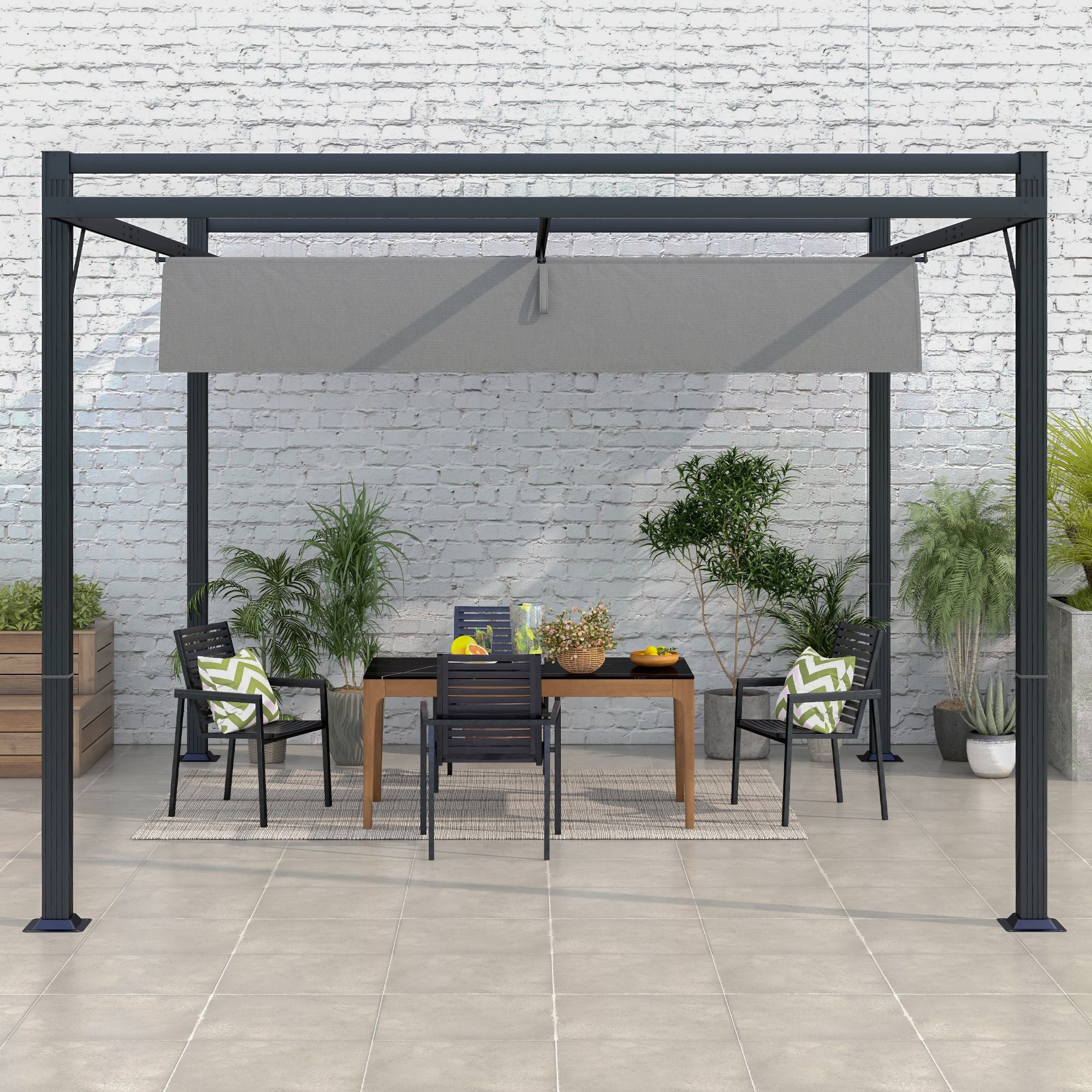 Outsunny 3 x 4m Retractable Pergola, Garden Gazebo Shelter with Aluminium Frame, for Grill, Patio, Deck, Dark Grey - North Peak Garden Furniture