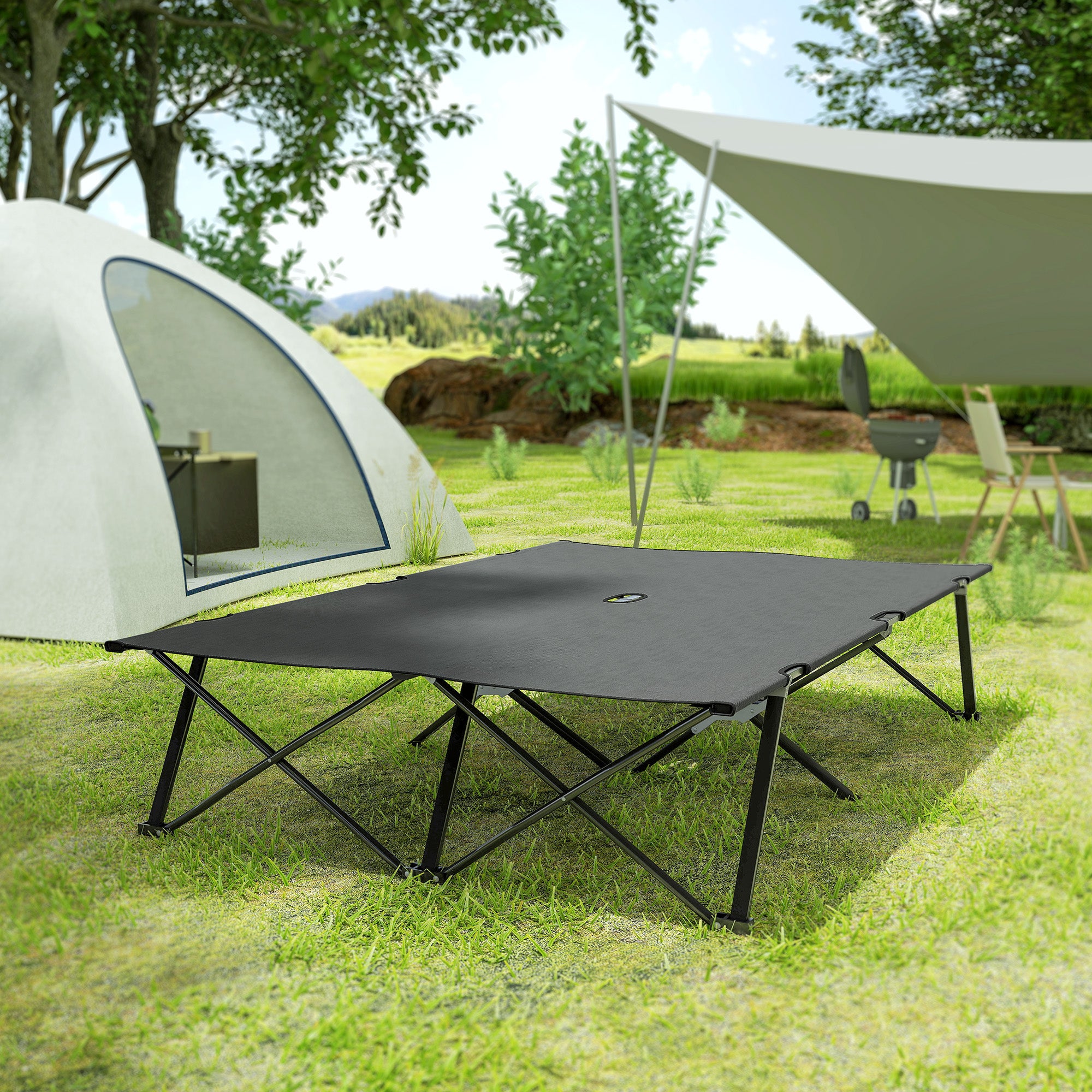 Outsunny Double Camping Cot Bed, with Bag - Charcoal Grey - North Peak Garden Furniture