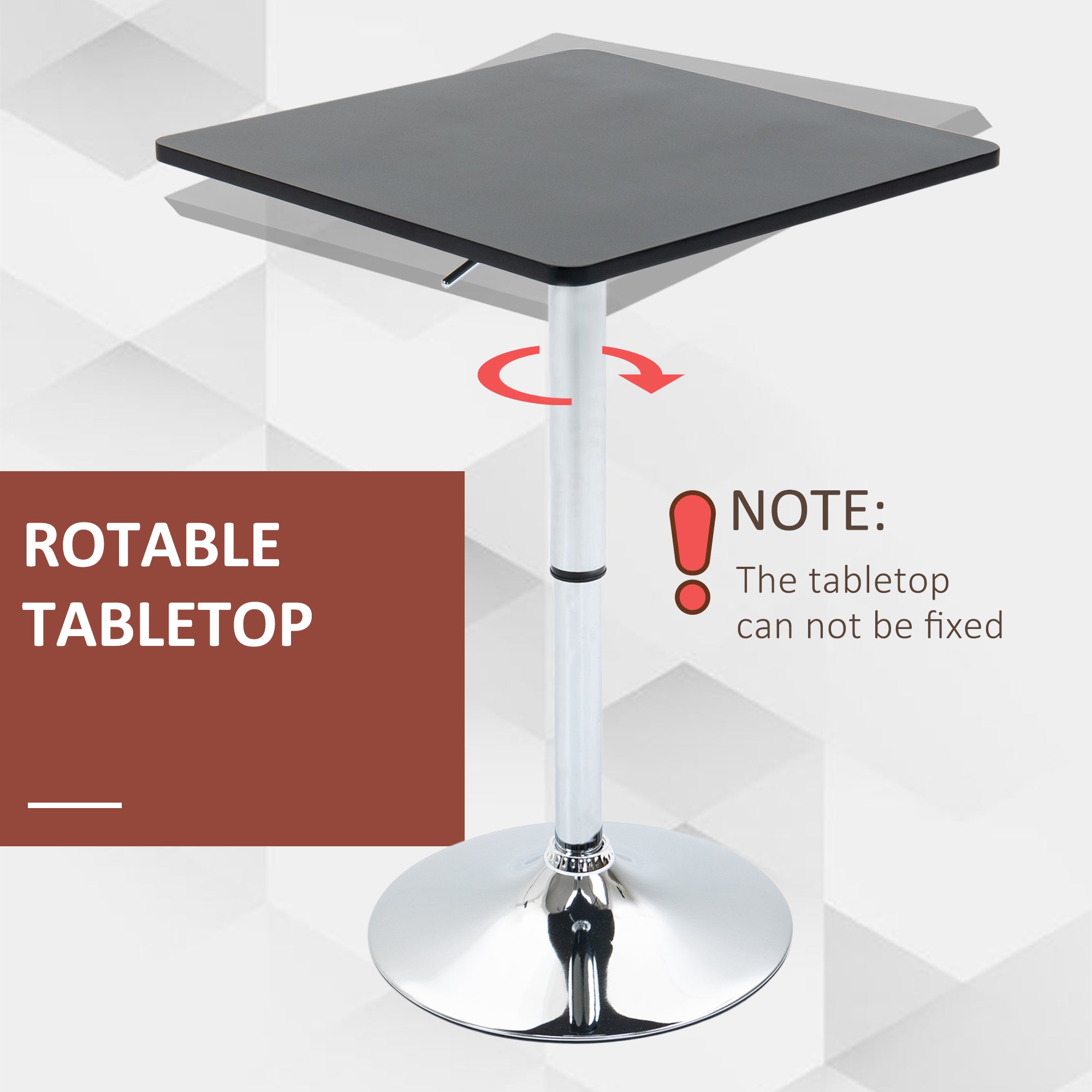 HOMCOM Modern Height Adjustable Counter Bar Table with 360° Swivel Tabletop and Electroplating Metal Base, Pub Desk for Living Room, Kitchen, Restaurant, Pub, Black and Silver - North Peak Garden Furniture