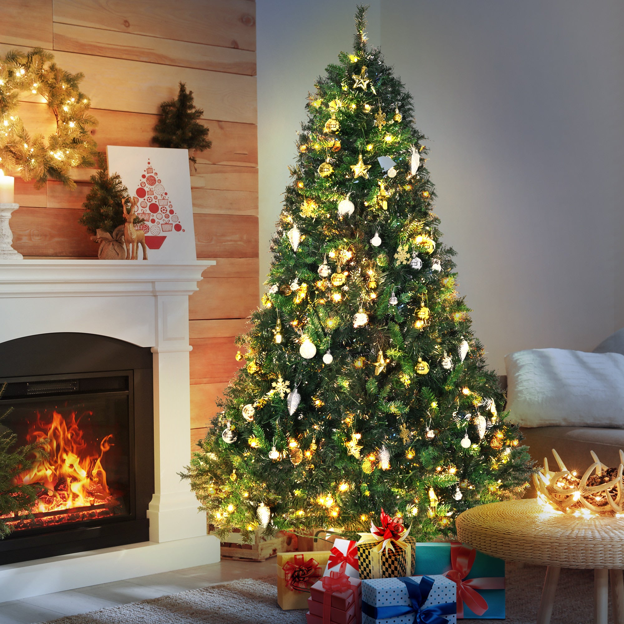 HOMCOM 1.8m 6ft Pre-Lit Artificial Christmas Tree 200 LED Xmas Tree Holiday Décor with Decorative Balls Ornament Metal Stand - North Peak Garden Furniture