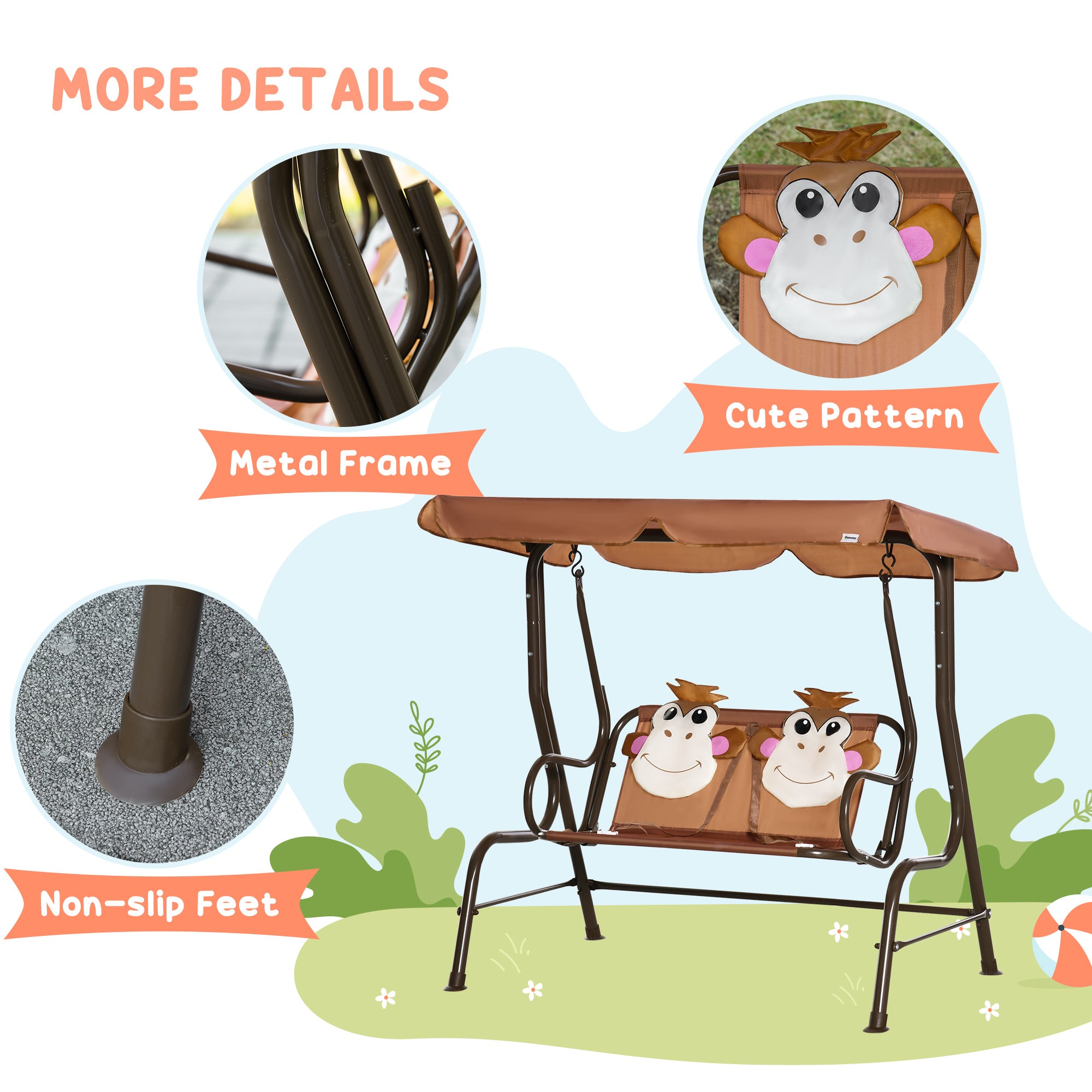 Outsunny 2 Seater Kids Garden Swing Seat, Children Outdoor Patio Lounge Chair for Gardens w/ Adjustable Awning, Seatbelt, Monkey Pattern - Brown - North Peak Garden Furniture