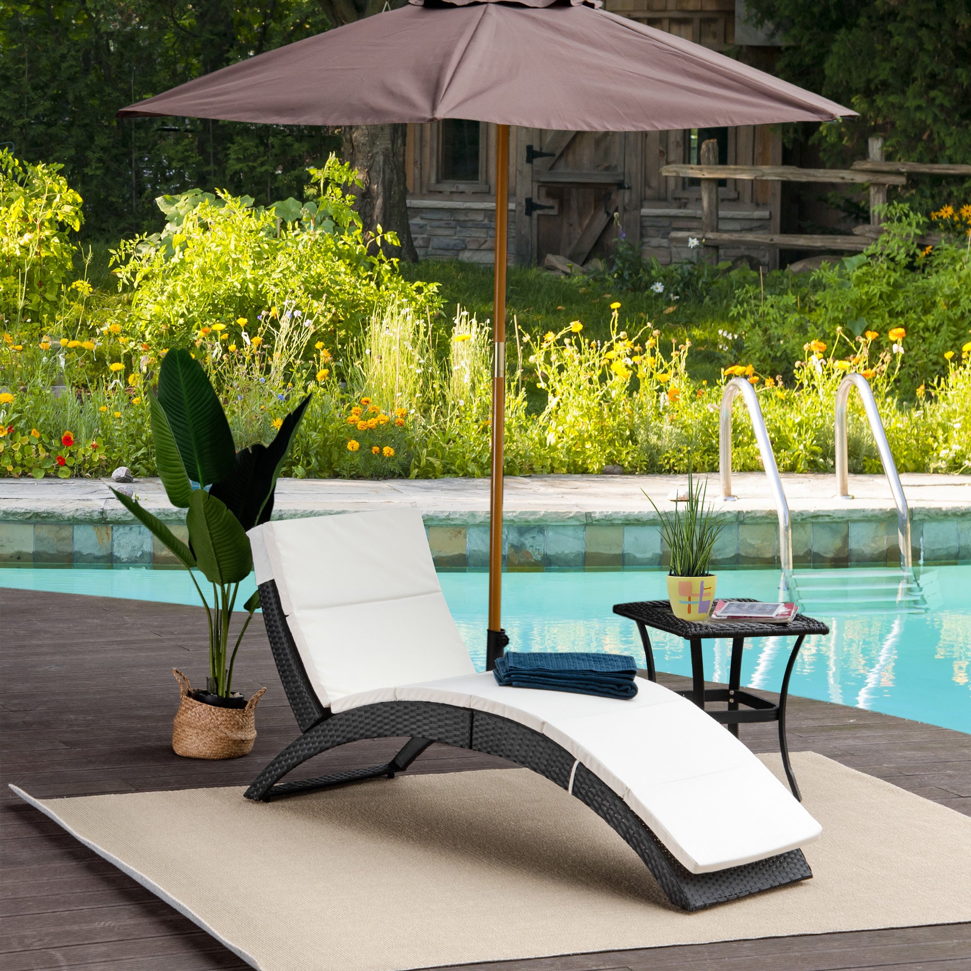 Outsunny Outdoor Foldable PE Rattan Sun Lounger with Soft Padded Cushion, Ergonomic Curved Design Sun Bed for Balcony, Garden, Black - North Peak Garden Furniture