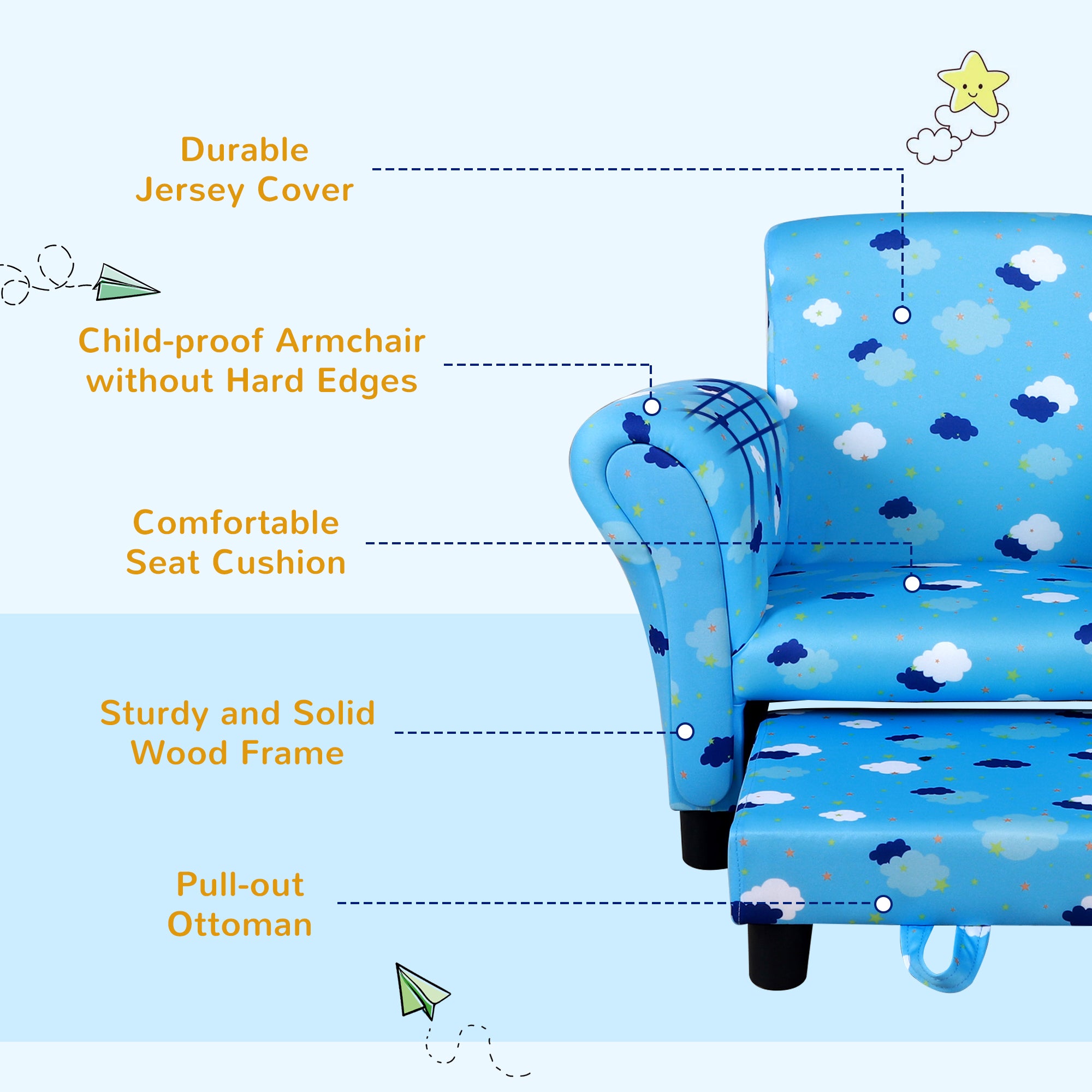 HOMCOM Toddler Chair Children's Armchairs Wood Frame w/ Footrest Anti-Slip Legs High Back Arms for Bedroom Playroom Cute Cloud Star Blue - North Peak Garden Furniture