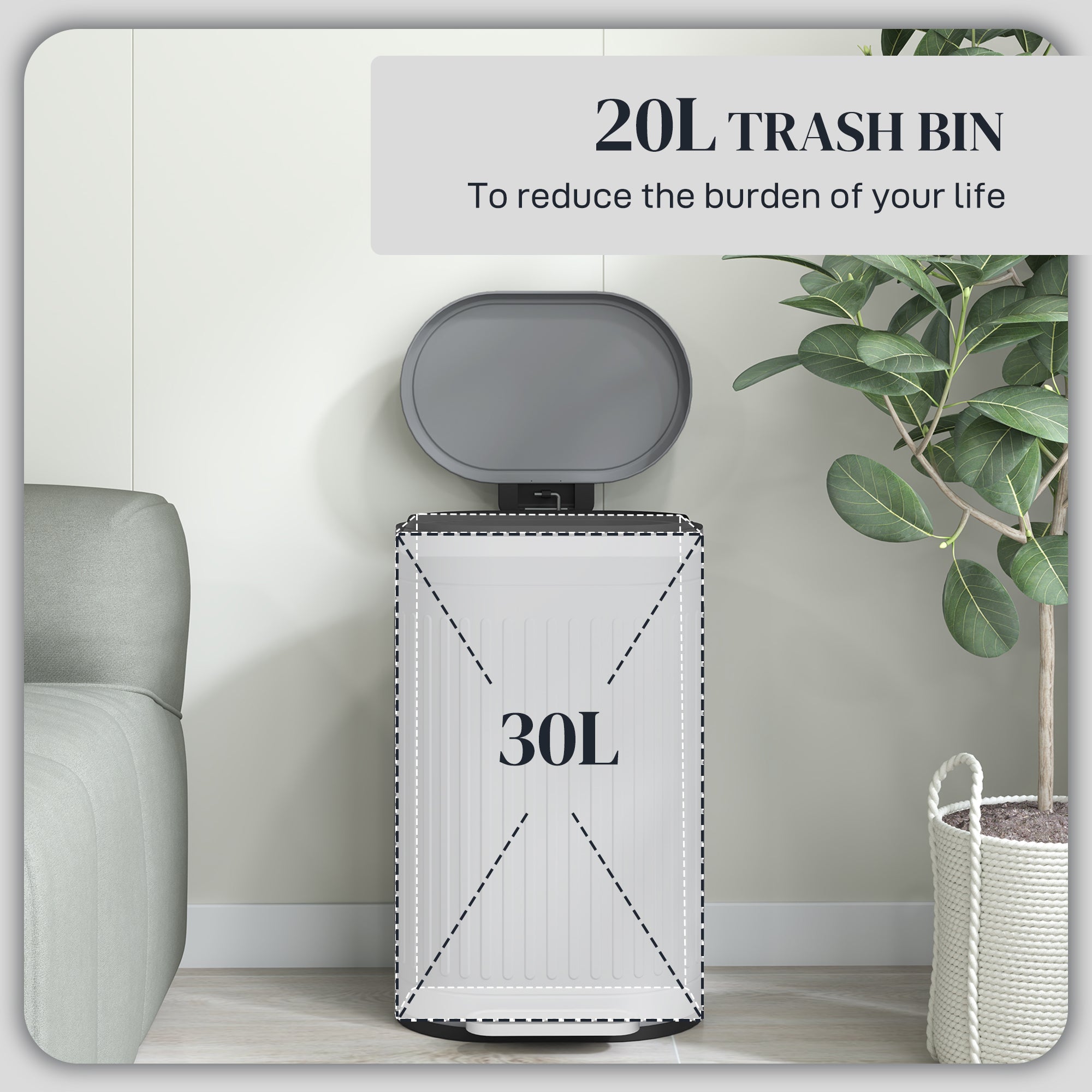 HOMCOM 30 Litre Pedal Bin, Fingerprint Proof Kitchen Bin with Soft-close Lid, Metal Rubbish Bin with Foot Pedal and Removable Inner Bucket, Grey - North Peak Garden Furniture