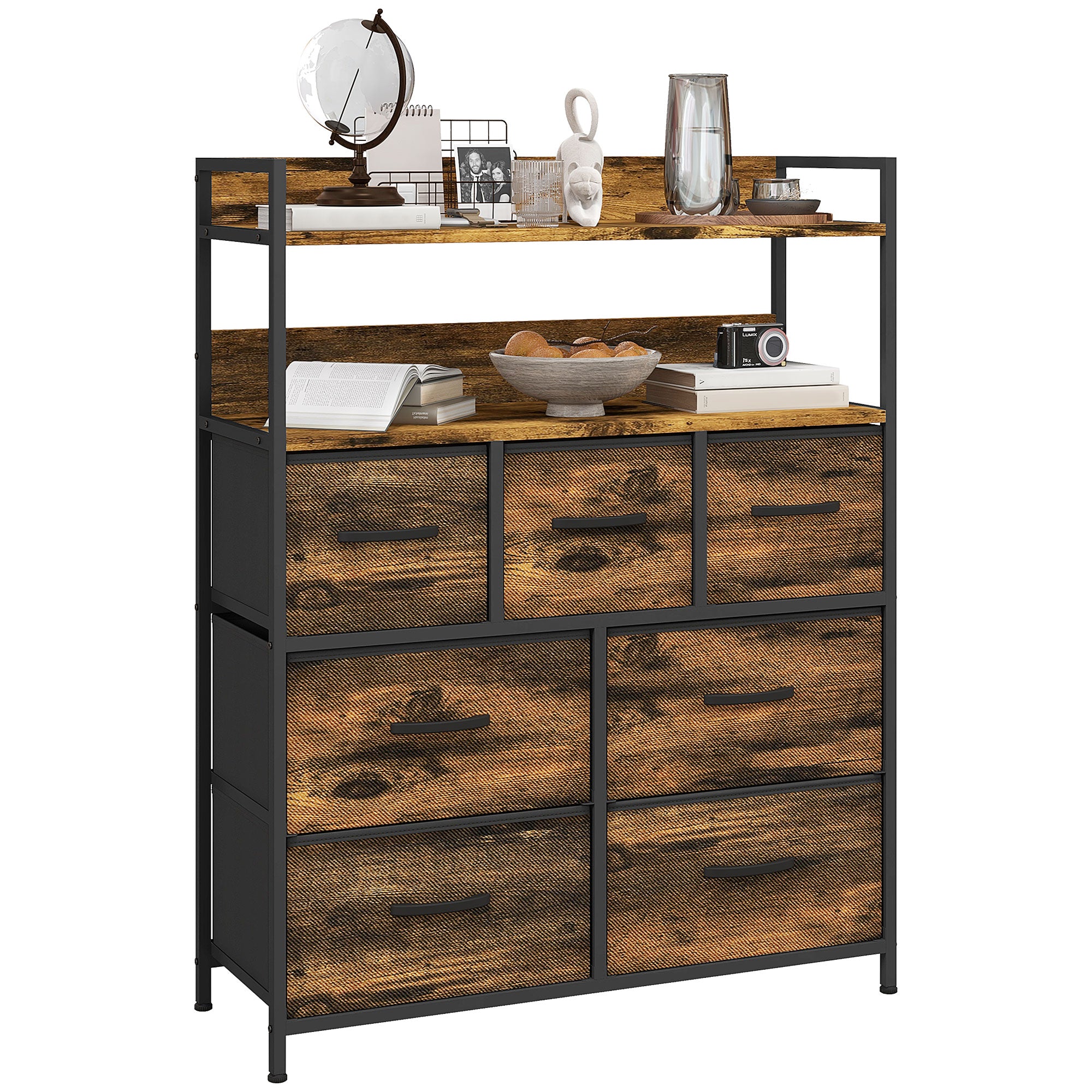 HOMCOM Rustic Chest of Seven Fabric Drawers - Rustic Brown - North Peak Garden Furniture