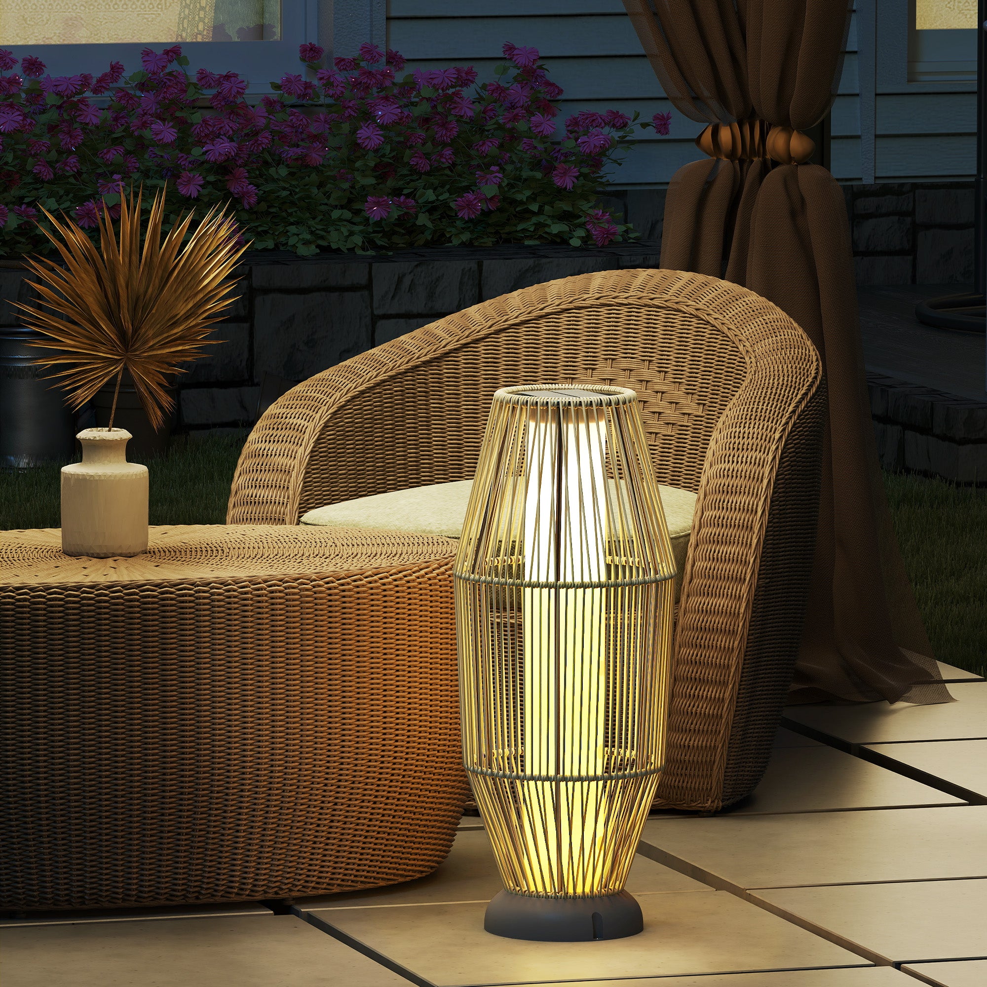 Outsunny Garden Rattan Lamp, 72 cm Tall Solar Rattan Floor Lamp, Solar Garden Light with Auto On/Off LED, IP44 for Outdoor, Porch, Pathway, Terrace, Grey - North Peak Garden Furniture
