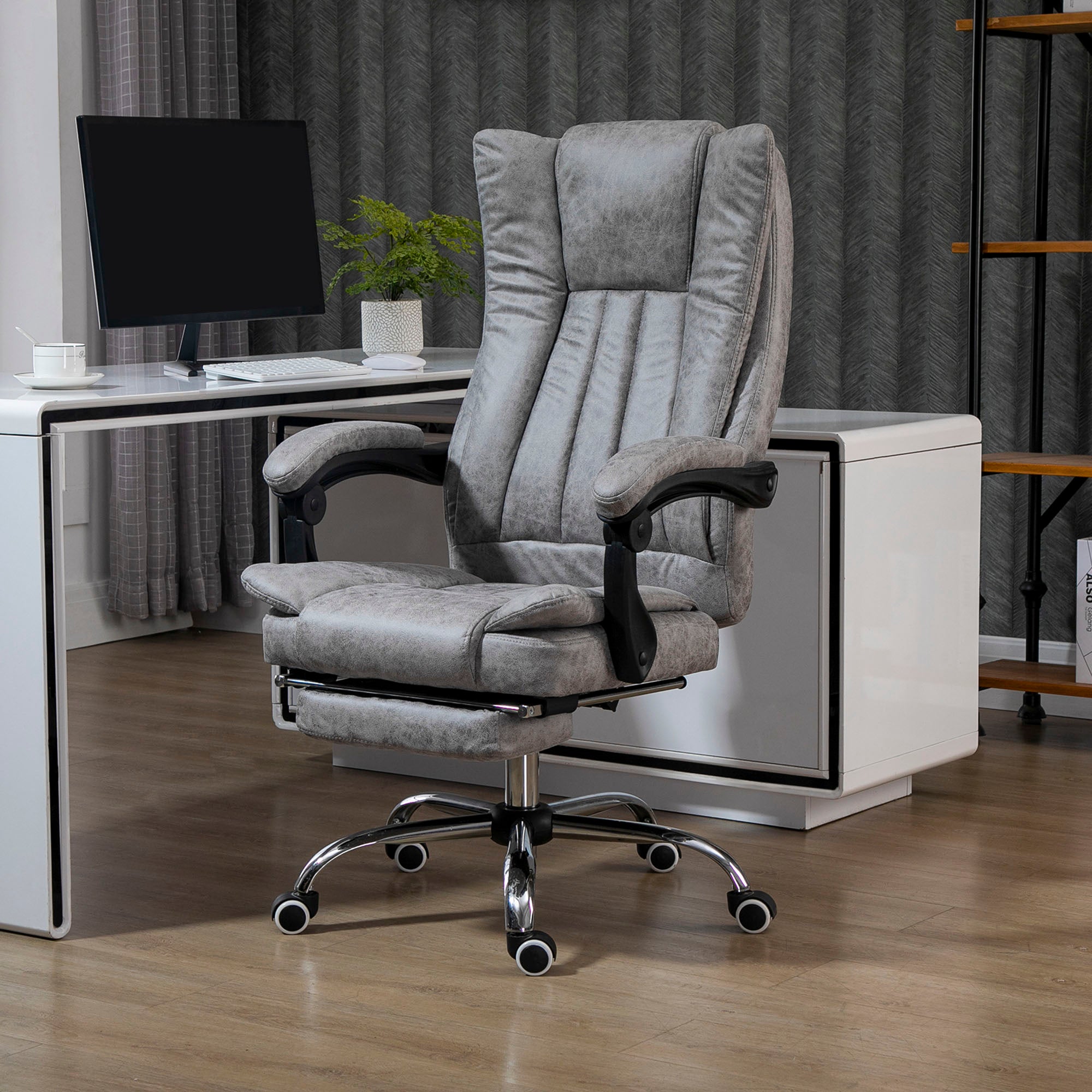 Vinsetto Home Office Chair Microfibre Desk Chair with Reclining Function Armrests Swivel Wheels Footrest Grey - North Peak Garden Furniture