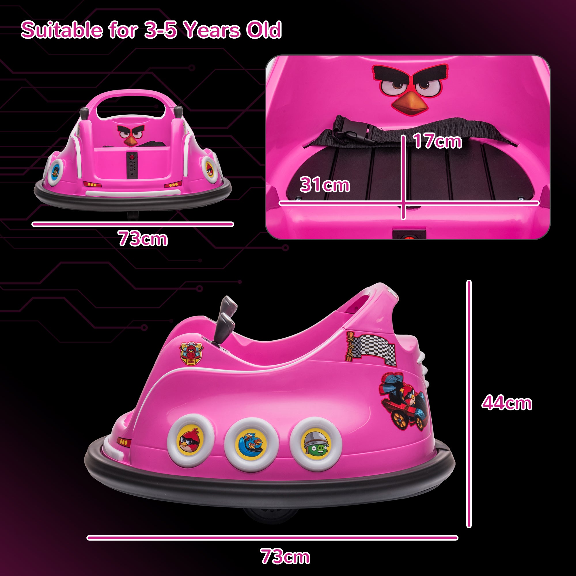 AIYAPLAY Angry Bird Licensed Waltzer Car, 12V Kids Bumper Car w/ Joysticks, Remote, Music LED Lights - Pink - North Peak Garden Furniture