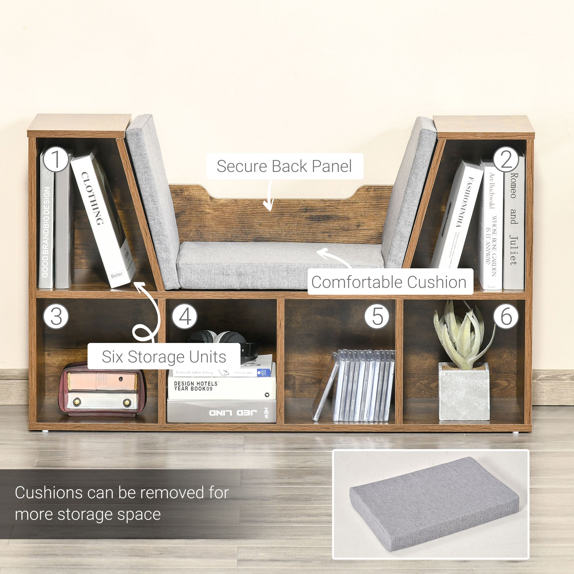 HOMCOM Bookcase Storage Shelf with Cushioned Reading Seat, Cube Bookshelf Organizer for Bedroom Living Room, Rustic Brown - North Peak Garden Furniture