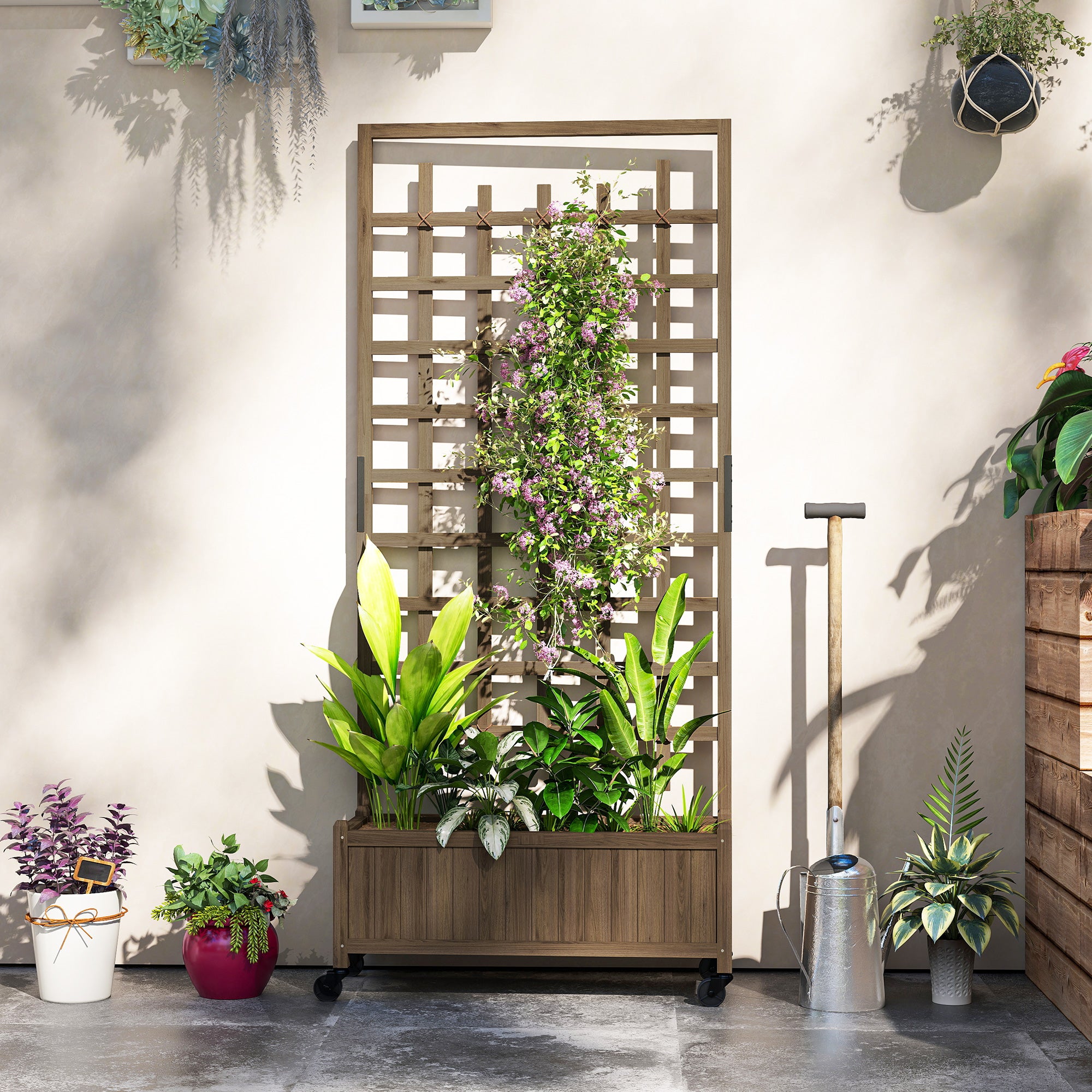 Outsunny Wooden Trellis Planter, Raised Garden Bed with Wheels and Bed Liner, to Climb and Grow Vegetables, Herbs and Flowers - North Peak Garden Furniture