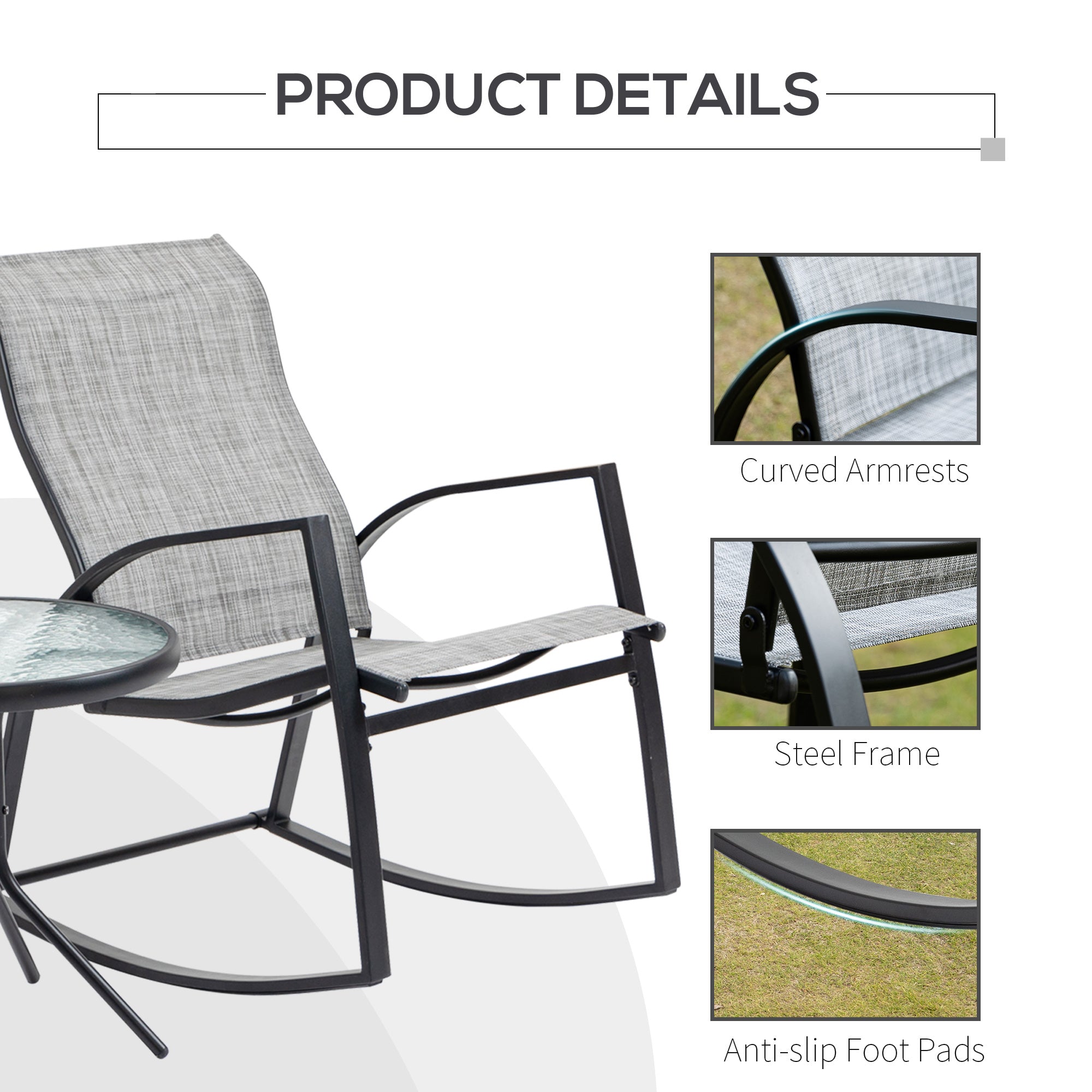 Outsunny Patio Bistro Set: 2 Rocking Chairs & Tempered Glass Table, Ideal for Garden & Poolside, Grey |