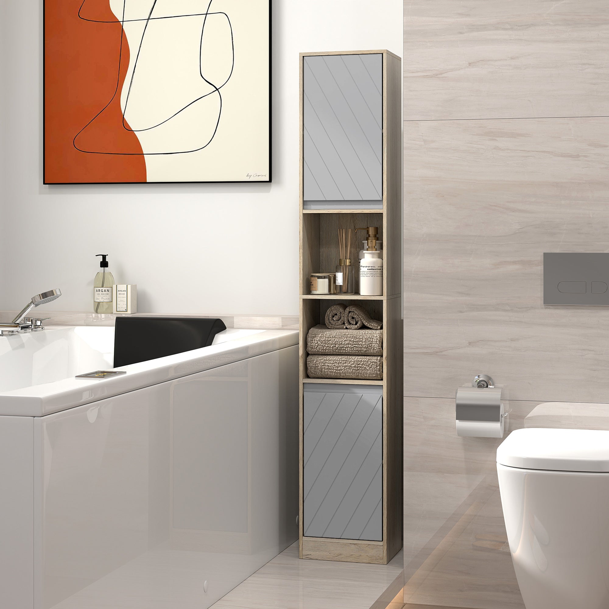 HOMCOM Freestanding Bathroom Storage Cabinet w/ 2 Cupboards 2 Compartments Home Organisation Anti-Tipping Elevated Base 30L x 24W x 170H cm Grey&Brown