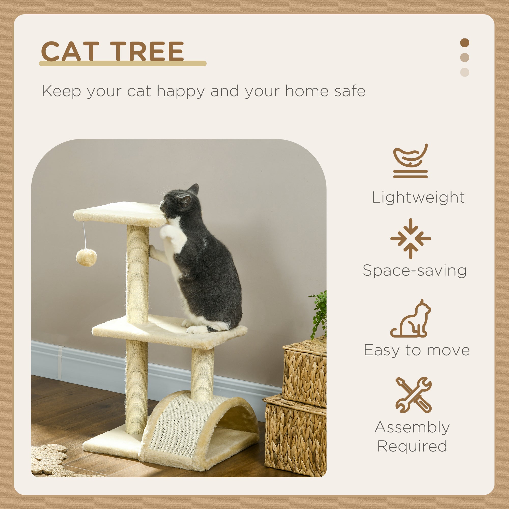PawHut 72cm Cat Tree with Scratching Post, Pad for Indoor Cats - Cream White - North Peak Garden Furniture