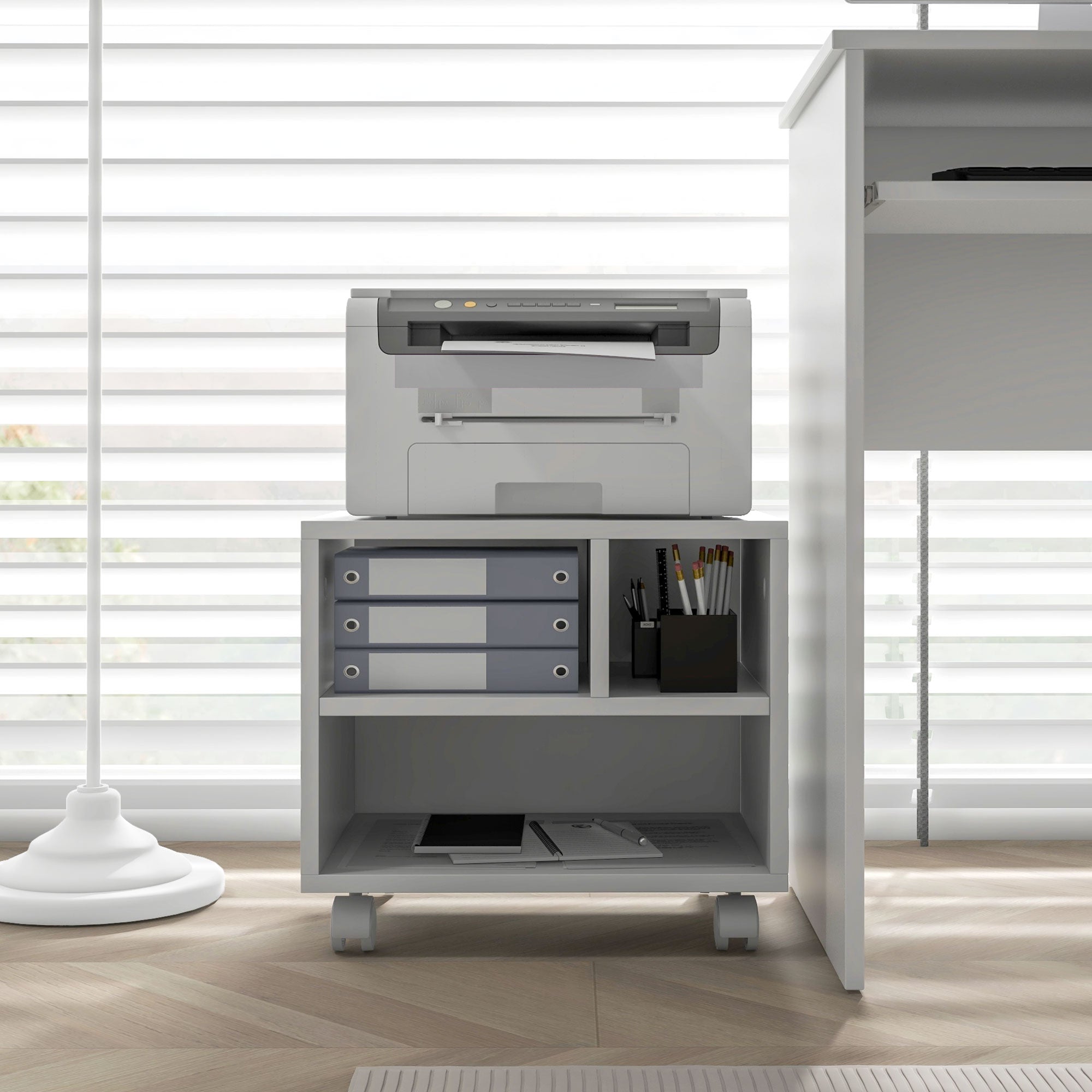 HOMCOM Three-Compartment Printer Cabinet, with Wheels - White - North Peak Garden Furniture