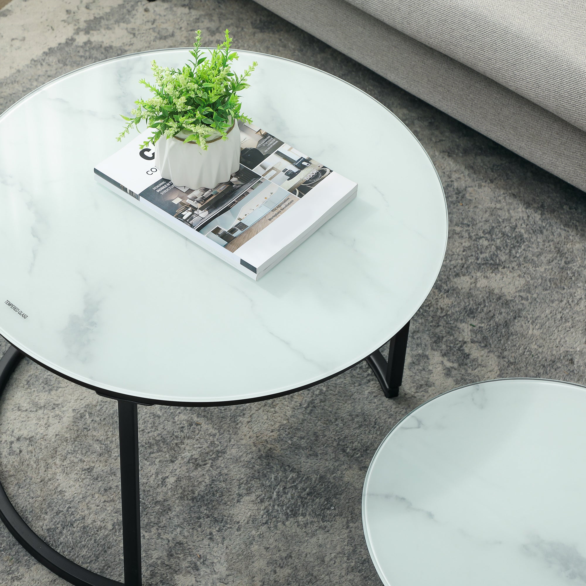 HOMCOM Glass Coffee Table Set of 2, Round Nest of Tables with Marble-Effect Tempered Glass Tabletop and Steel Frame, Modern Side Tables for Living Room, White