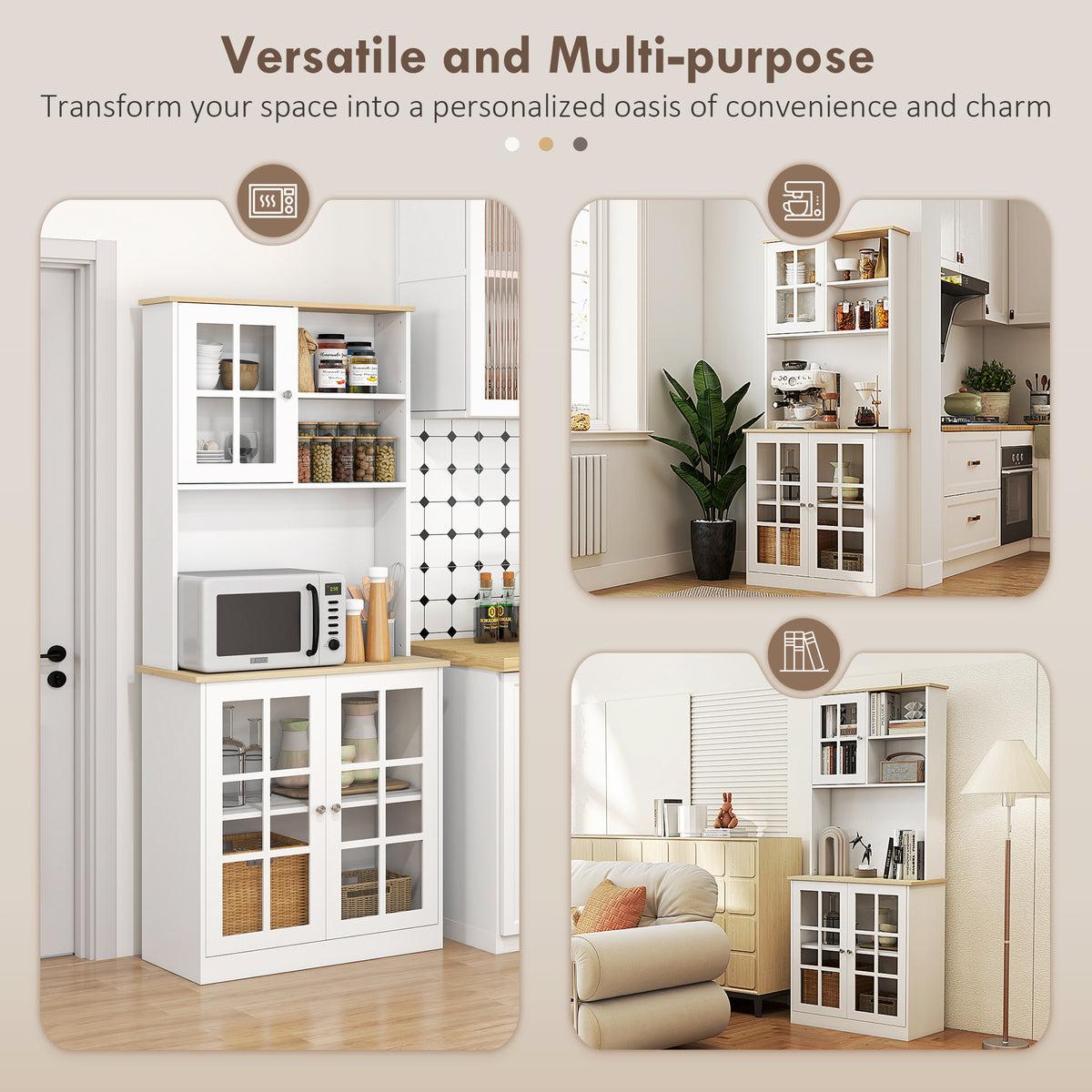 HOMCOM Freestanding Kitchen Cupboard, Tall Storage Cabinet with Doors and Adjustable Shelves, Counter Top, Grid Glass Doors, 80L x 37W x 183H cm - White