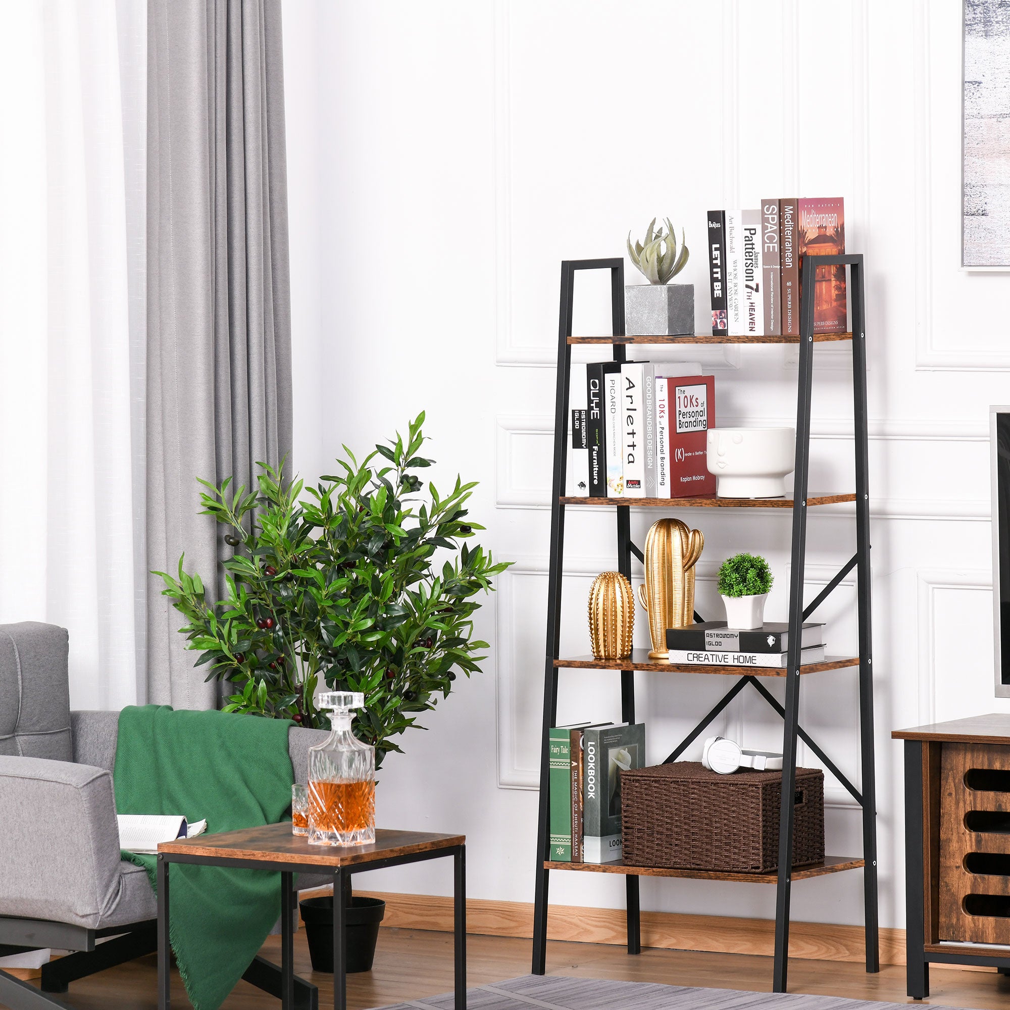 HOMCOM 4-Tier Vintage Ladder Shelf Bookcase Wood Storage Rack Stand Plants Display Black Brown