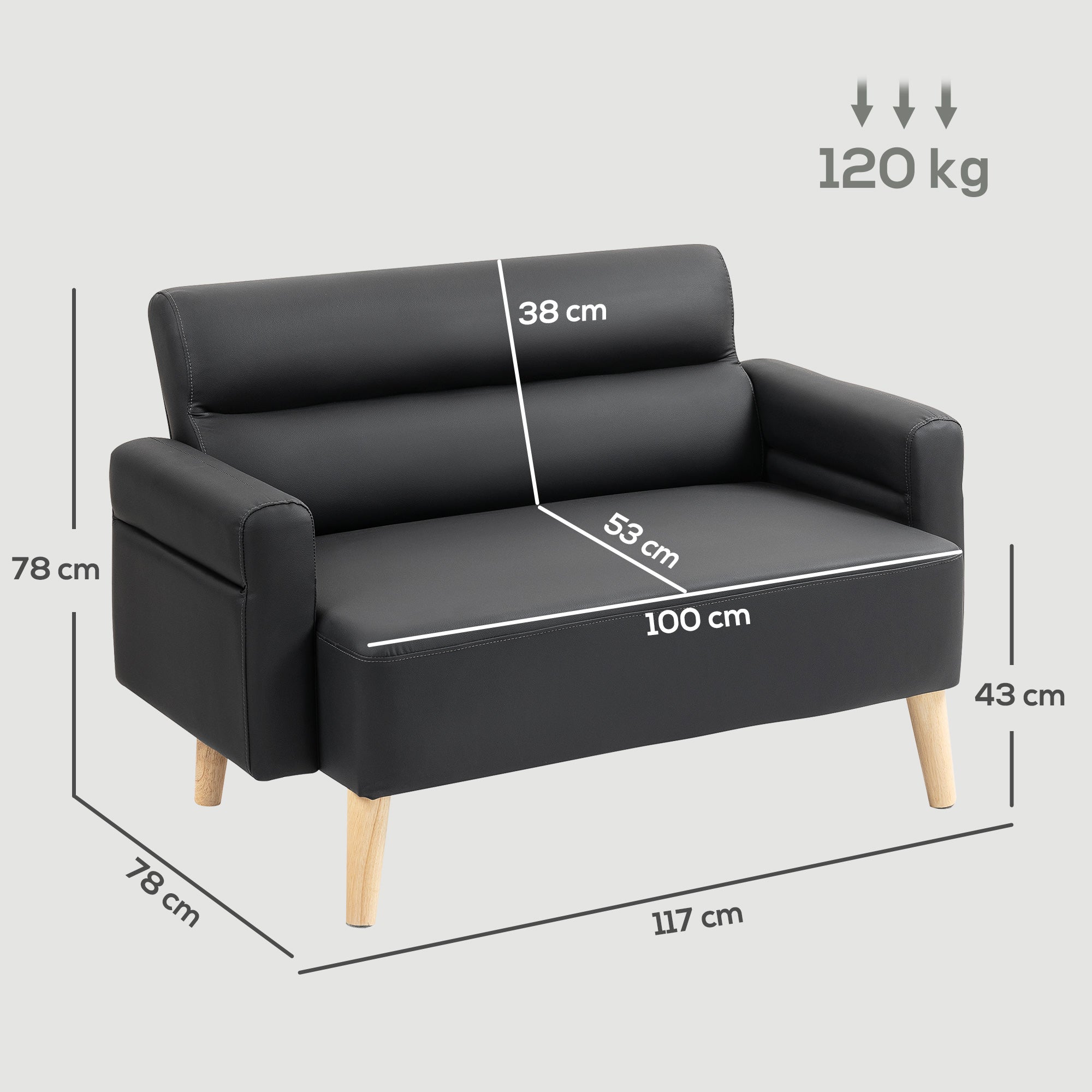 HOMCOM Small Faux Leather 2 Seater Sofa Settee - Black - North Peak Garden Furniture