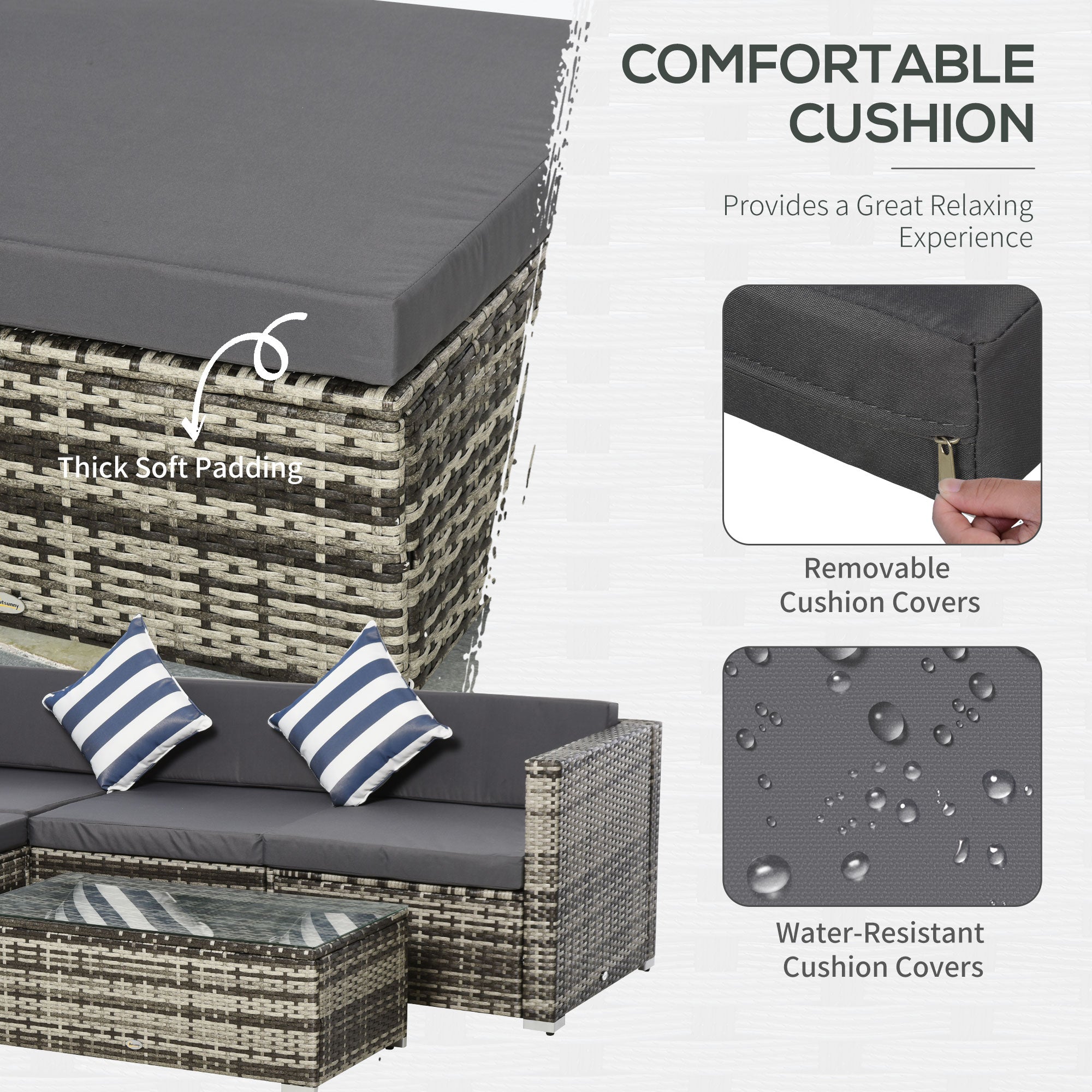 Outsunny 4-Seater Rattan Sofa Set Wicker Sectional Furniture Cushion Grey Garden - North Peak Garden Furniture