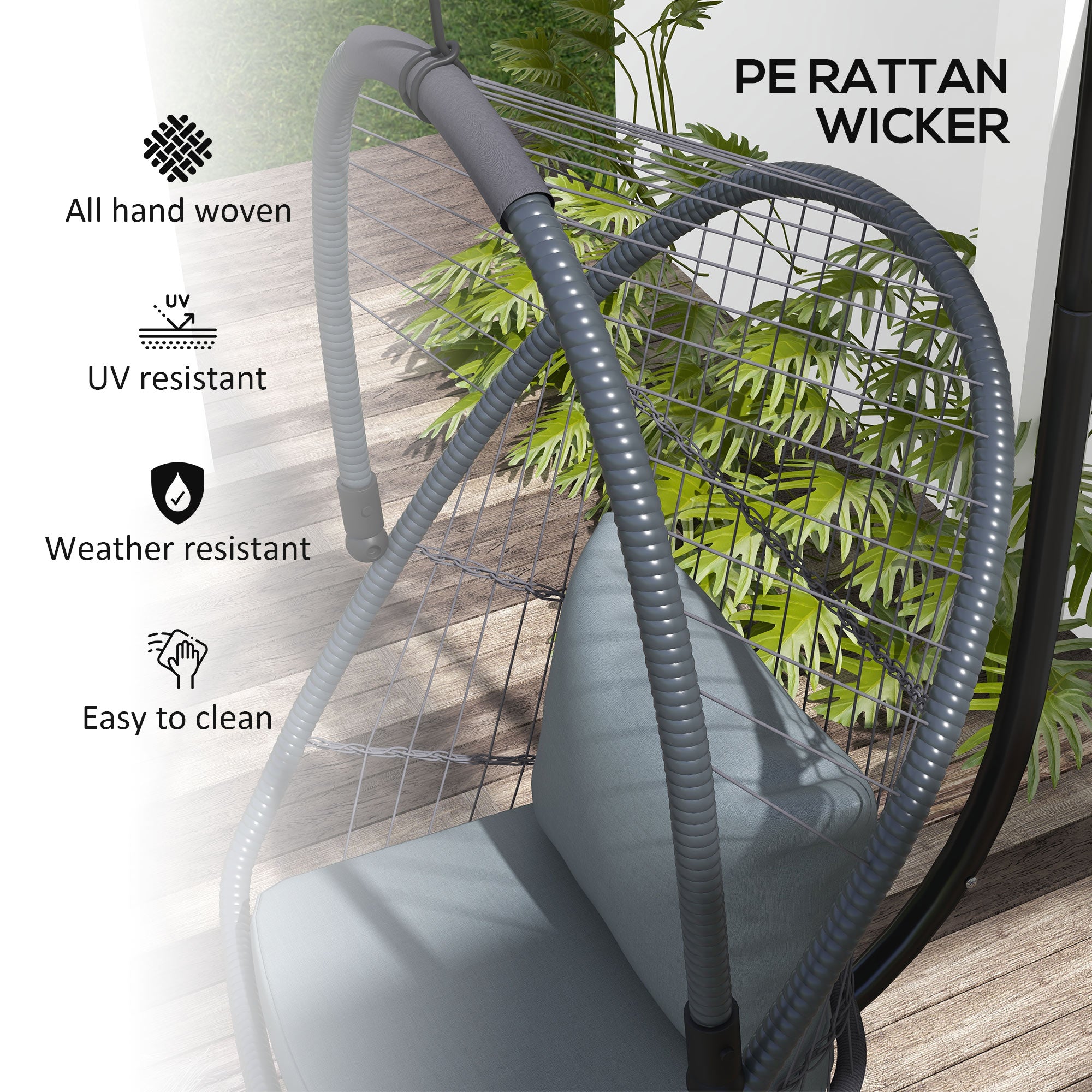 Outsunny Single Egg Chair, with Steel Frame Stand - Grey - North Peak Garden Furniture