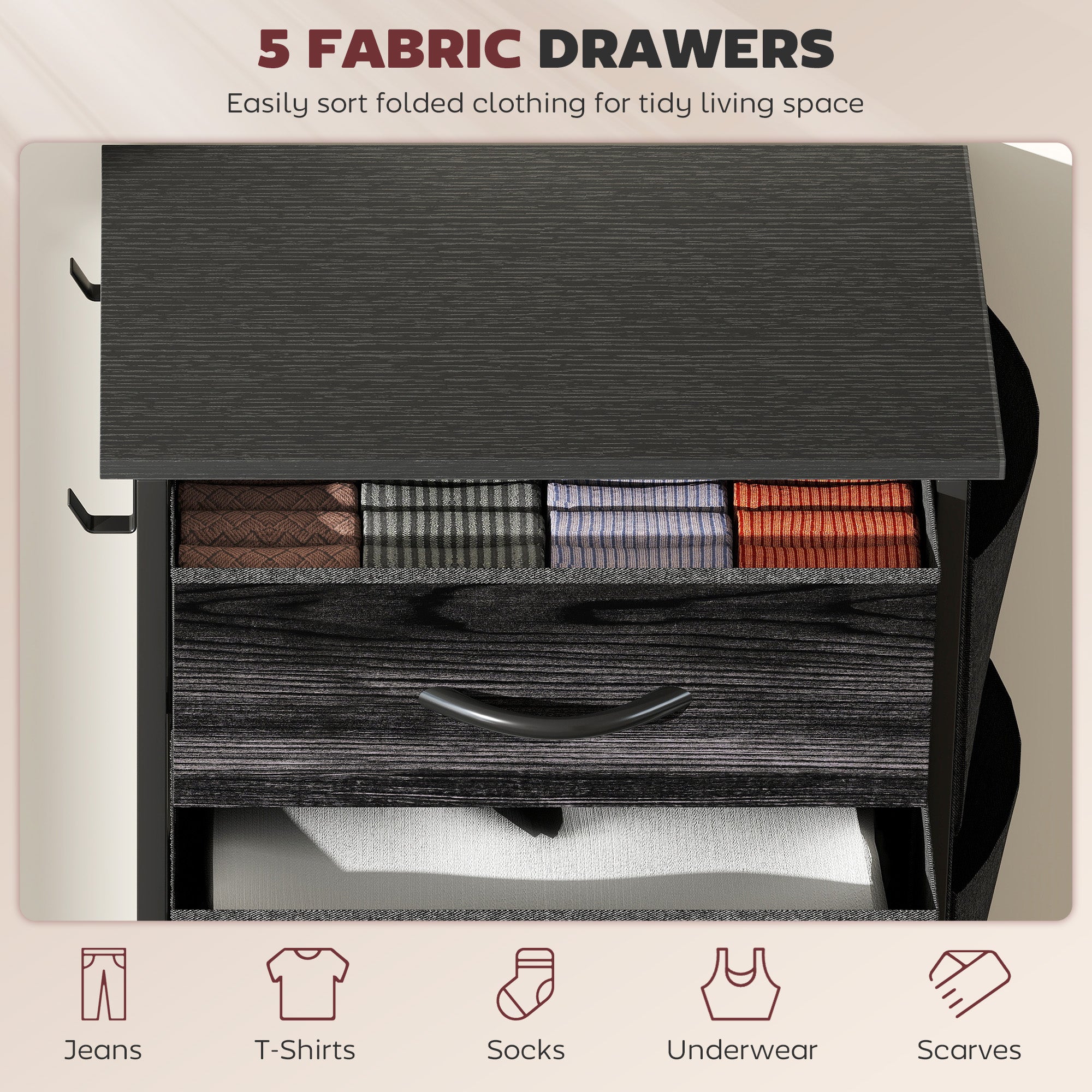 HOMCOM Chest of Five Fabric Drawers - Black