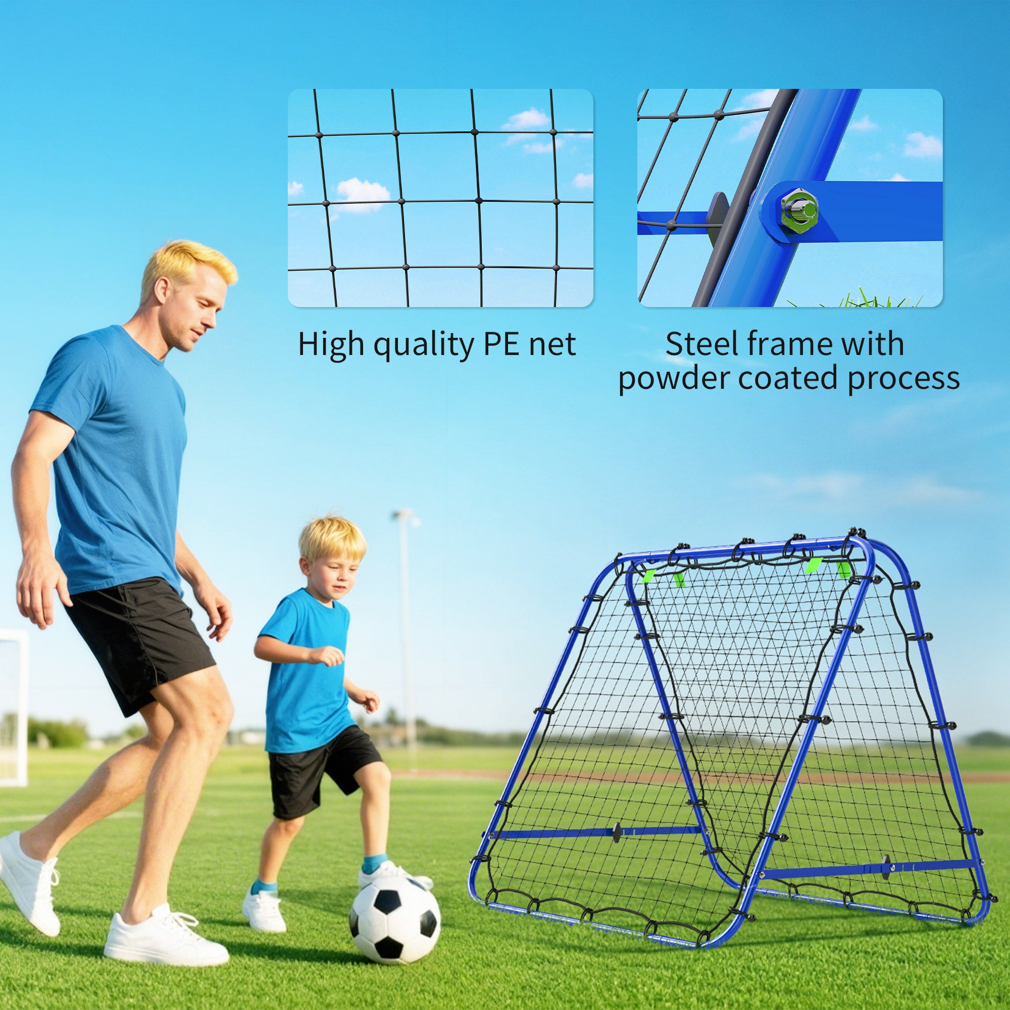 HOMCOM Double Sided Football Rebounder Net, Football Rebound Goal with 5 Adjustable Angles, Blue