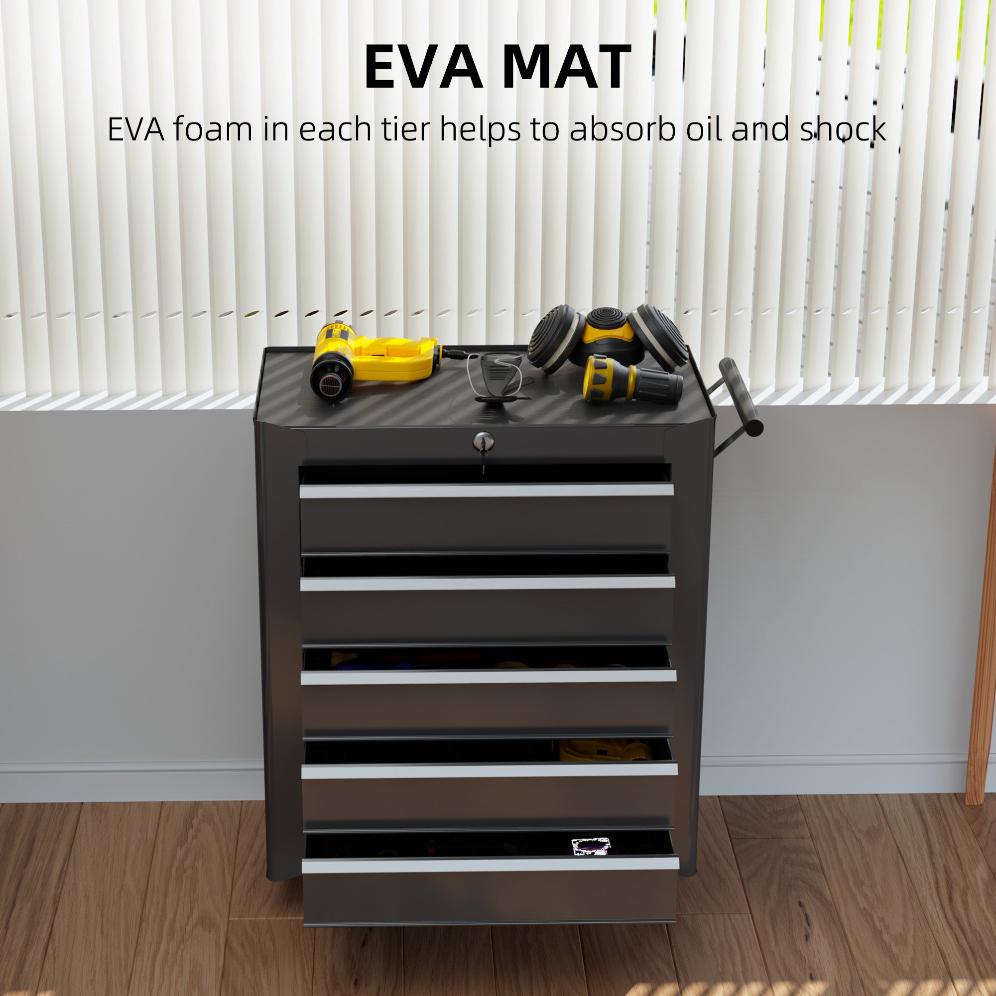 HOMCOM 5-Drawer Tool Chest with Wheels, Steel Lockable Tool Storage Cabinet with Handle, 2 Keys for Garage, Workshop, Black - North Peak Garden Furniture