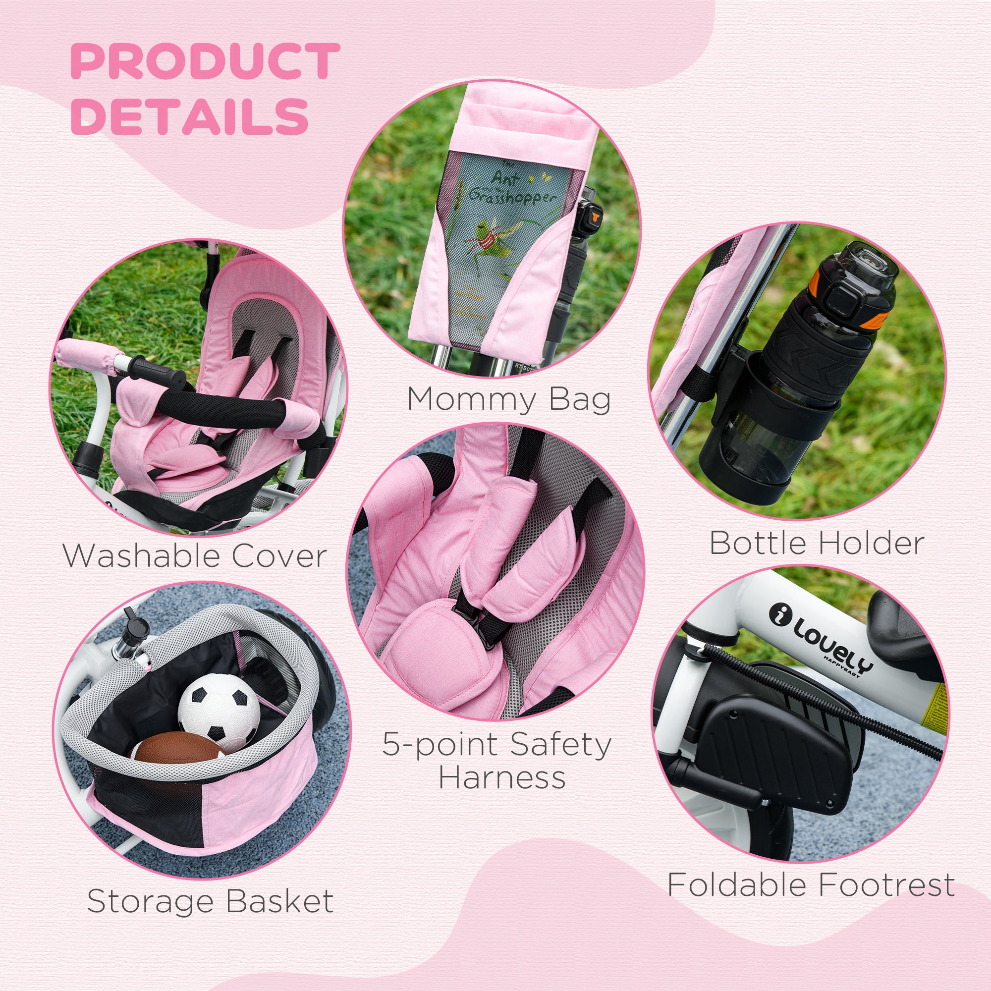 HOMCOM 6 in 1 Kids Trike Push Bike w/ Push Handle, Canopy, 5-point Safety Belt, Storage, Footrest, Brake, for 1-5 Years, Pink - North Peak Garden Furniture