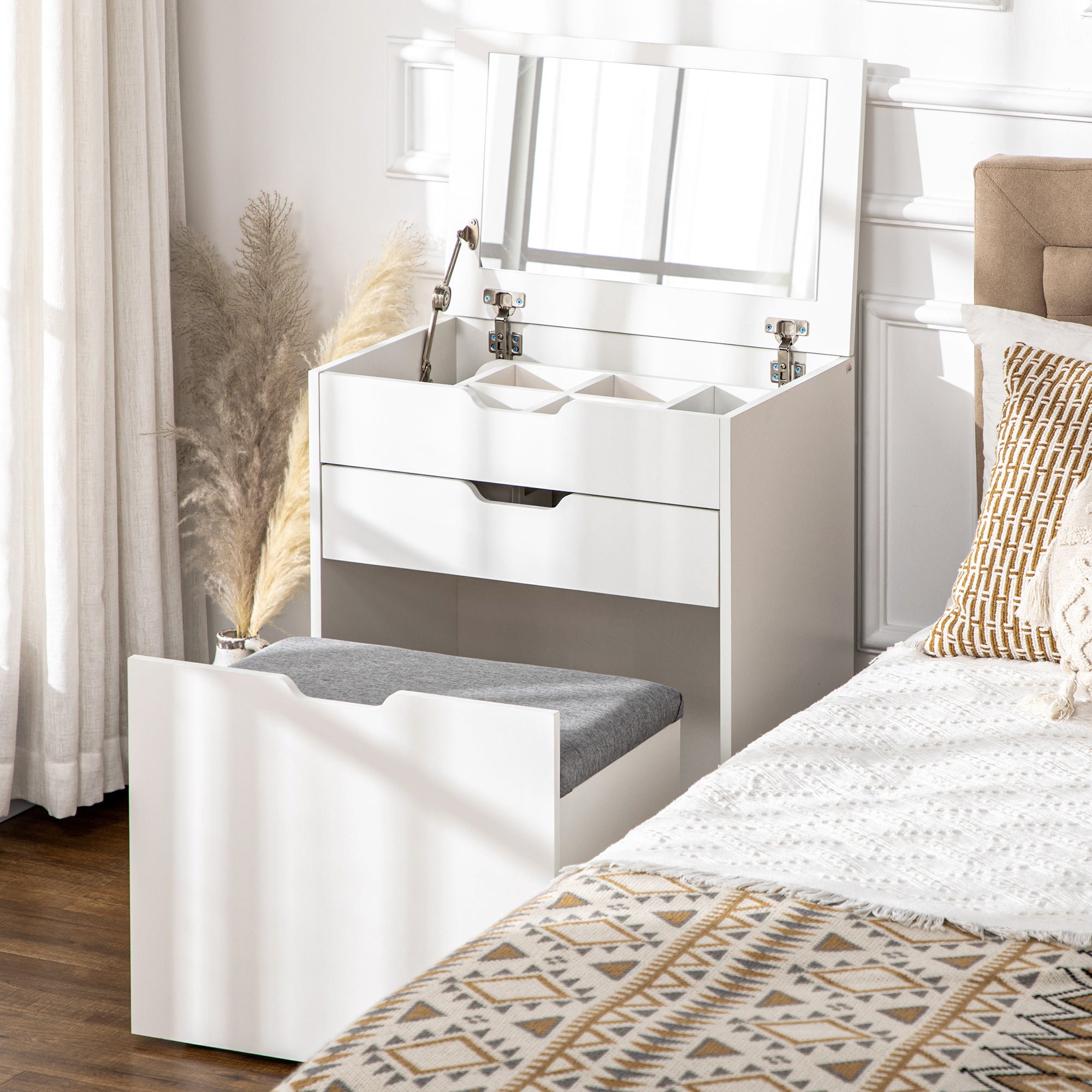 HOMCOM Dressing Table with Flip-up Mirror and Storage Stool, Vanity Table with Drawer and Hidden Compartments for Bedroom, Living Room, White - North Peak Garden Furniture