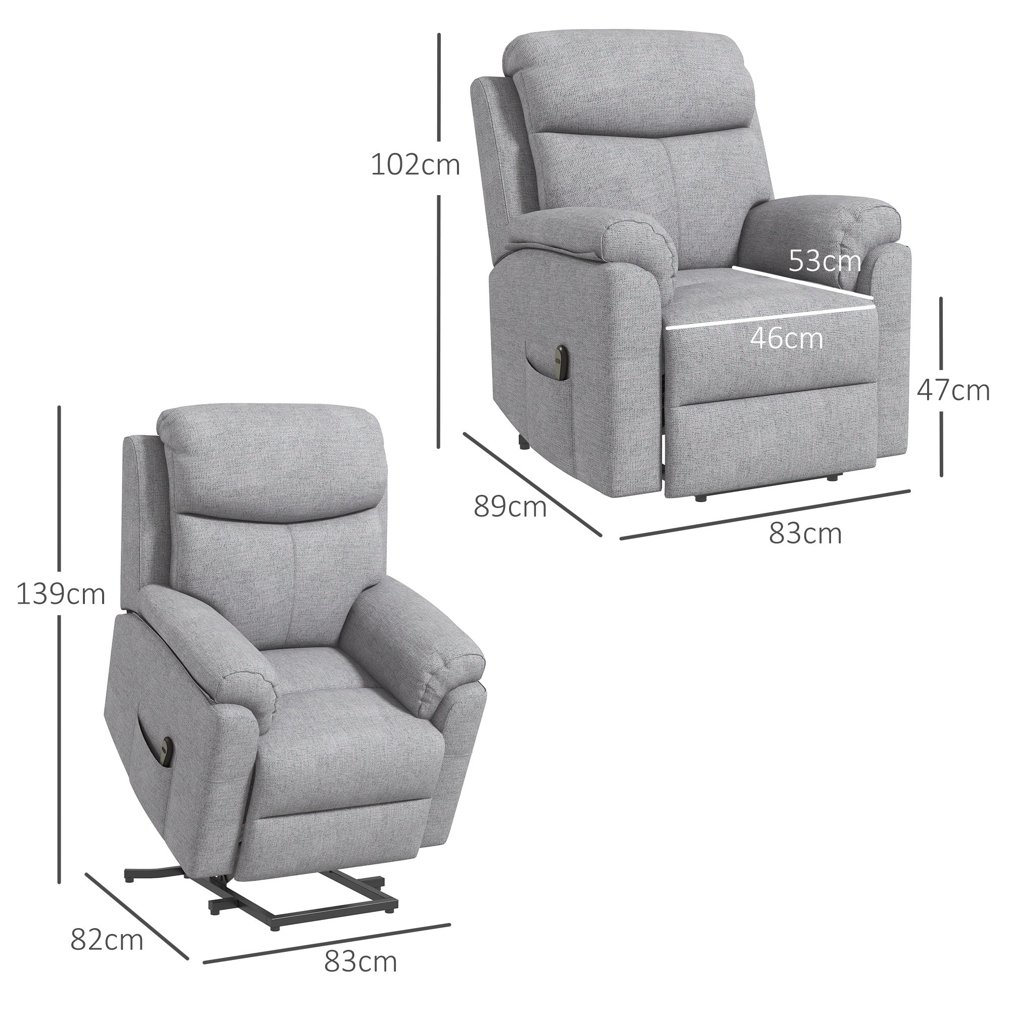 HOMCOM Power Lift Chair Electric Riser Recliner for Elderly with Massage, Linen Fabric Sofa Lounge Armchair with Remote Control and Side Pocket, Grey - North Peak Garden Furniture