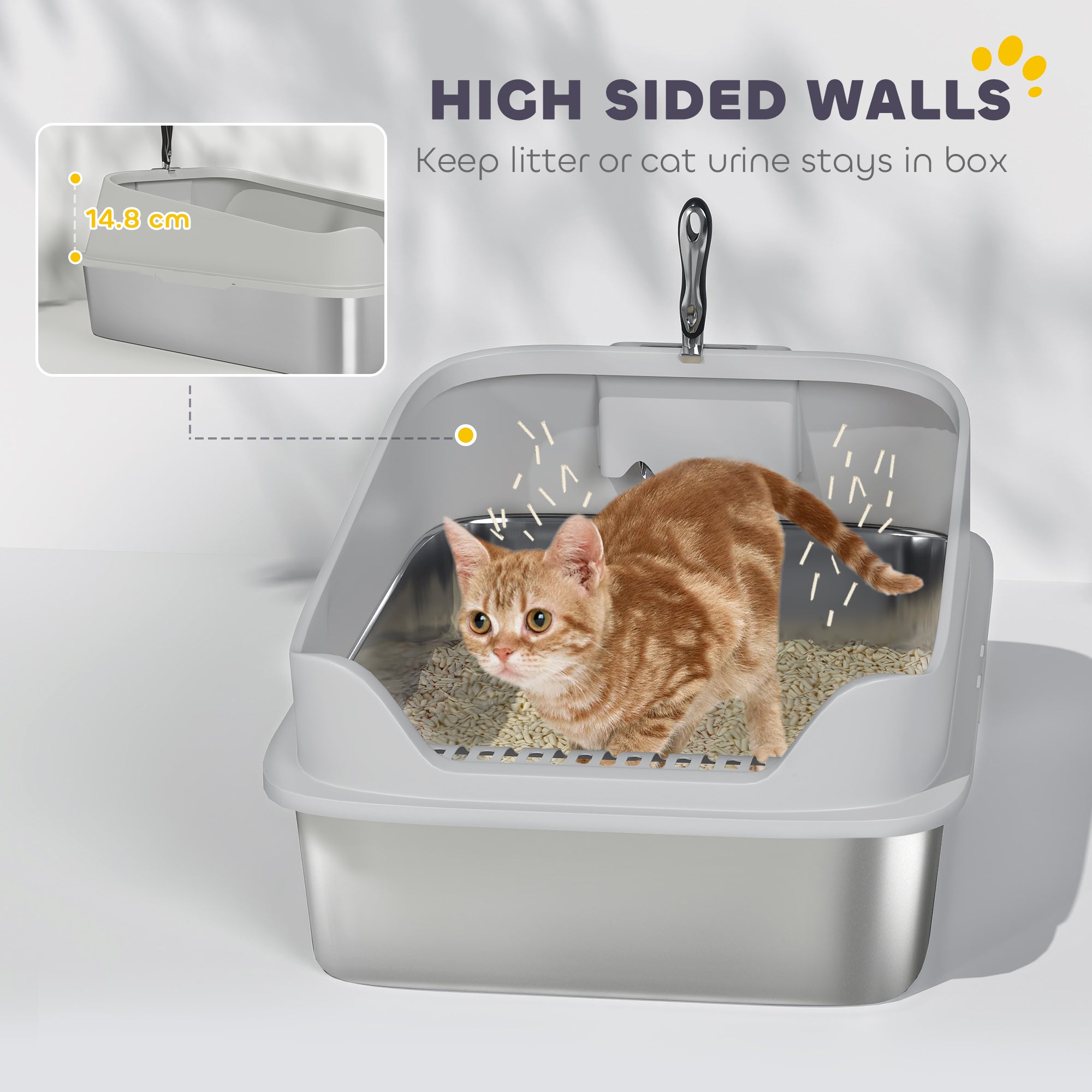 PawHut XXL Stainless Steel Cat Litter Box with High Sides, Metal Scoop, 70 x 50 x 30 cm
