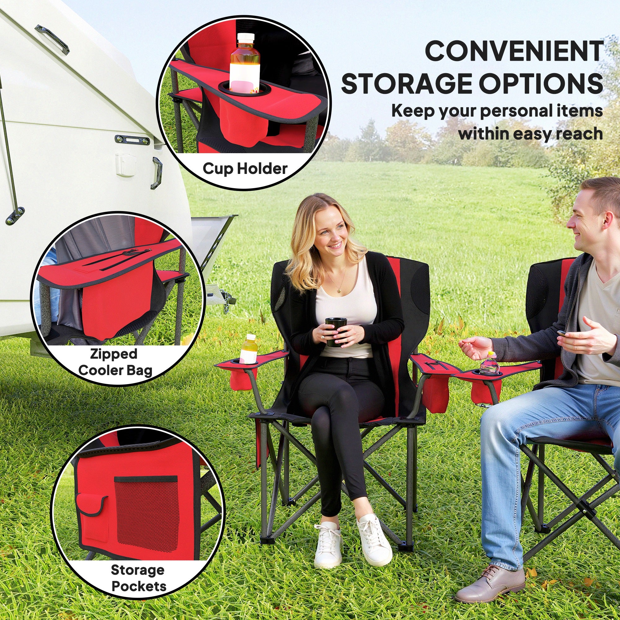 Outsunny Set of 2 Folding Camping Chairs, Padded Camping Chairs with Adjustable Armrests, Portable & Lightweight Folding Camp Chair with Cooler Bag, Cup Holder and Side Pockets, Red - North Peak Garden Furniture